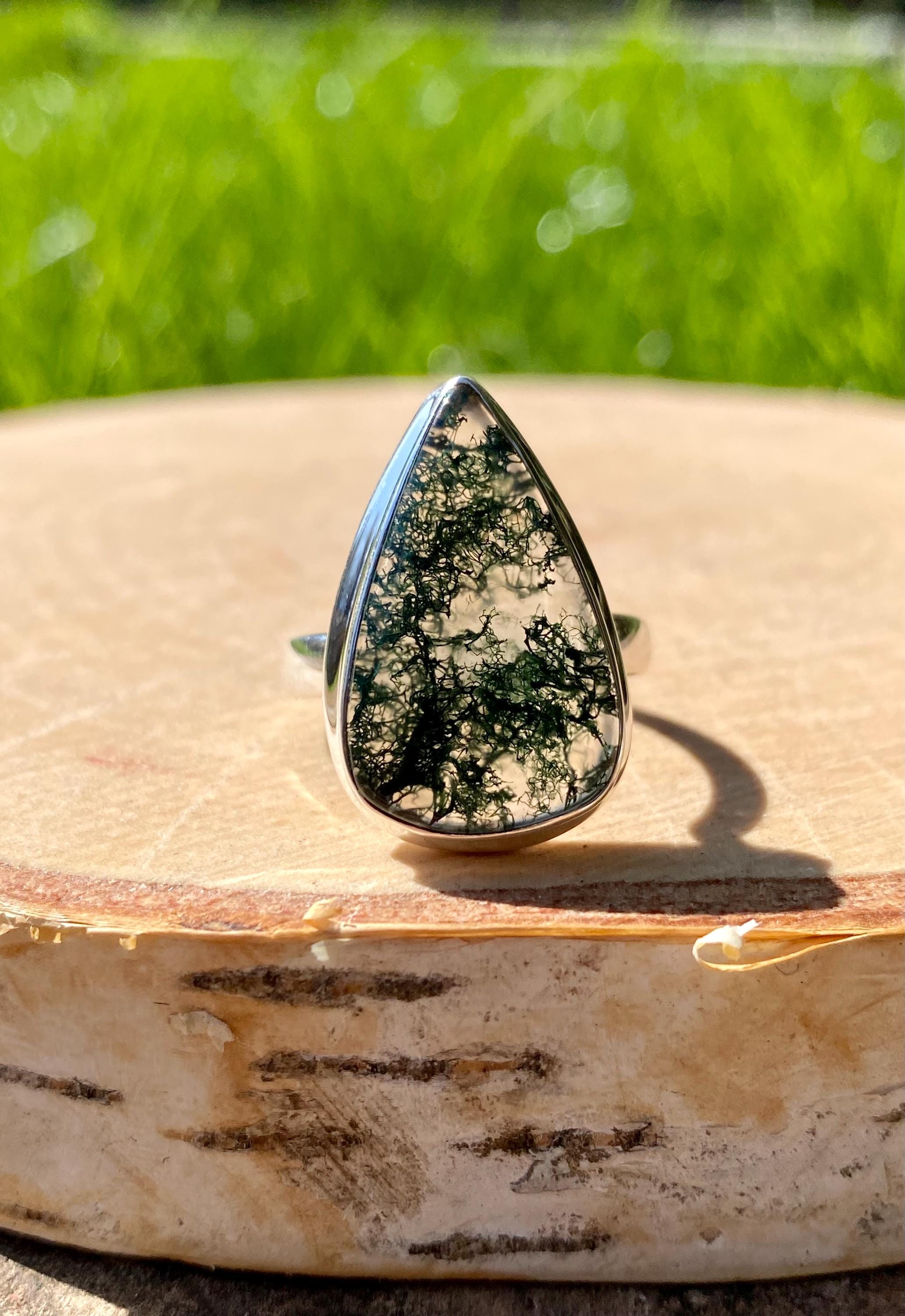 Moss Agate Sterling Silver Teardrop Ring