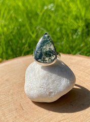 Moss Agate Sterling Silver Teardrop Ring