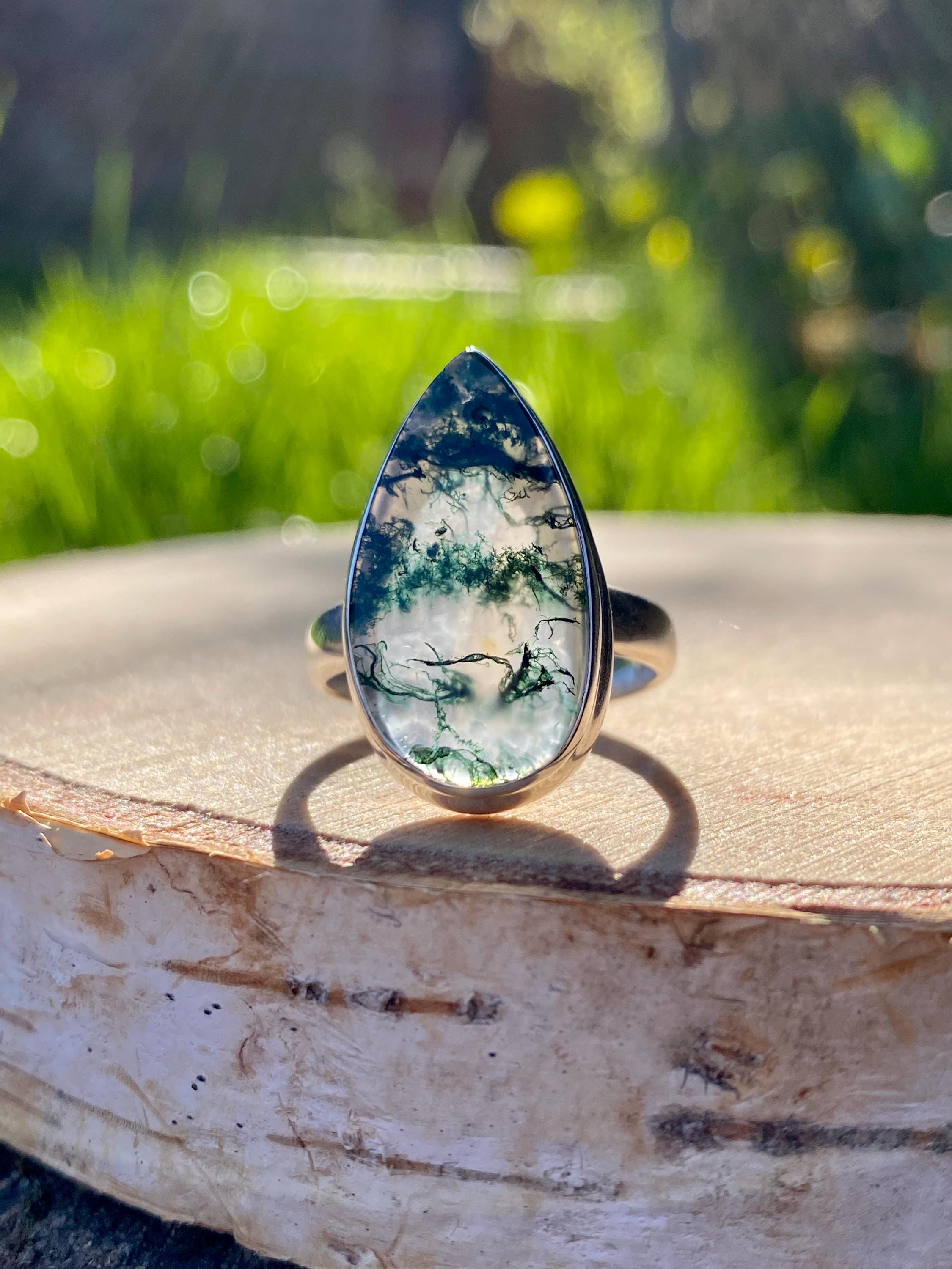 Moss Agate Sterling Silver Teardrop Ring