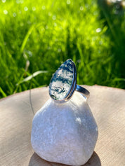 Moss Agate Sterling Silver Teardrop Ring