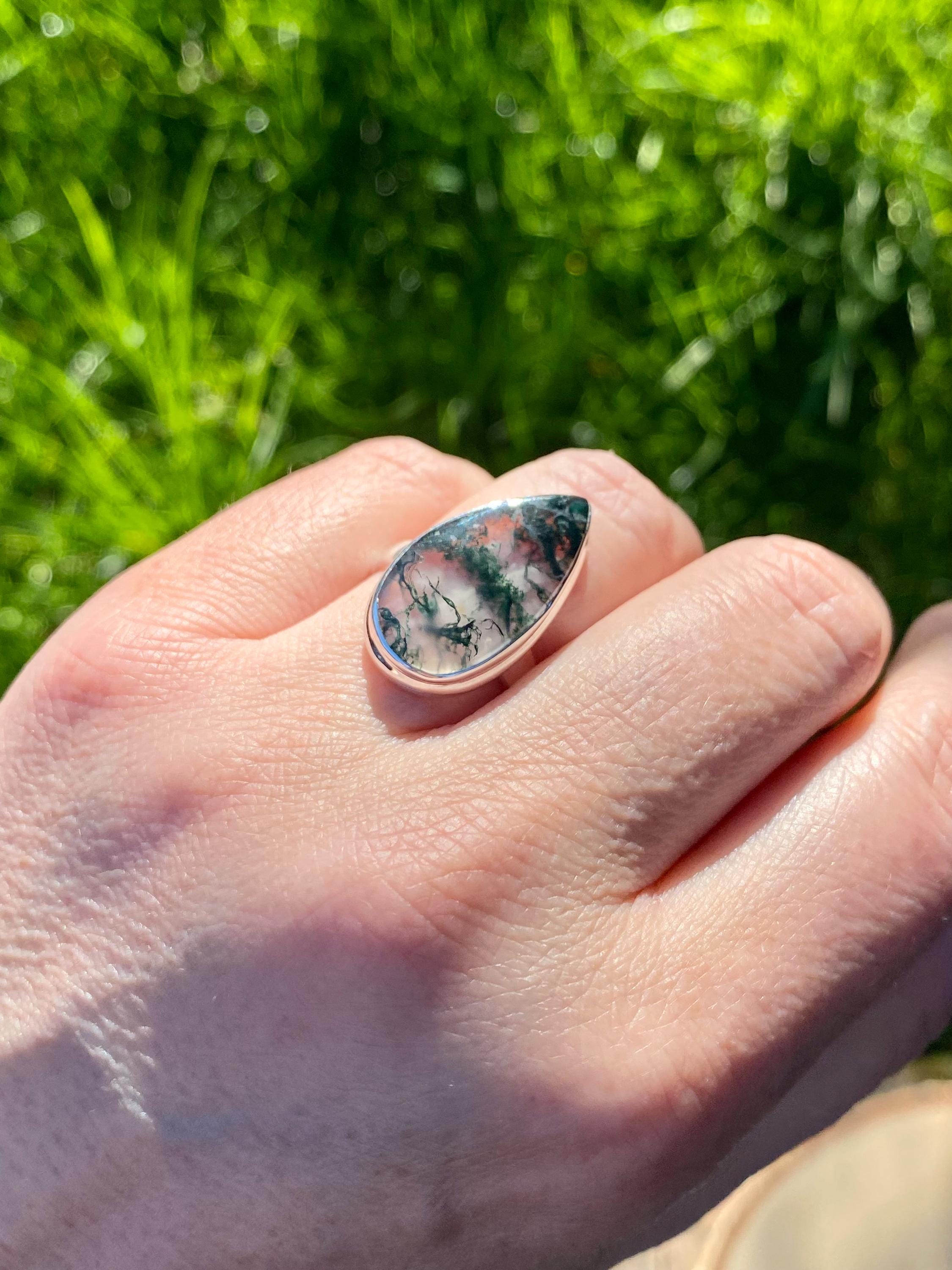 Moss Agate Sterling Silver Teardrop Ring