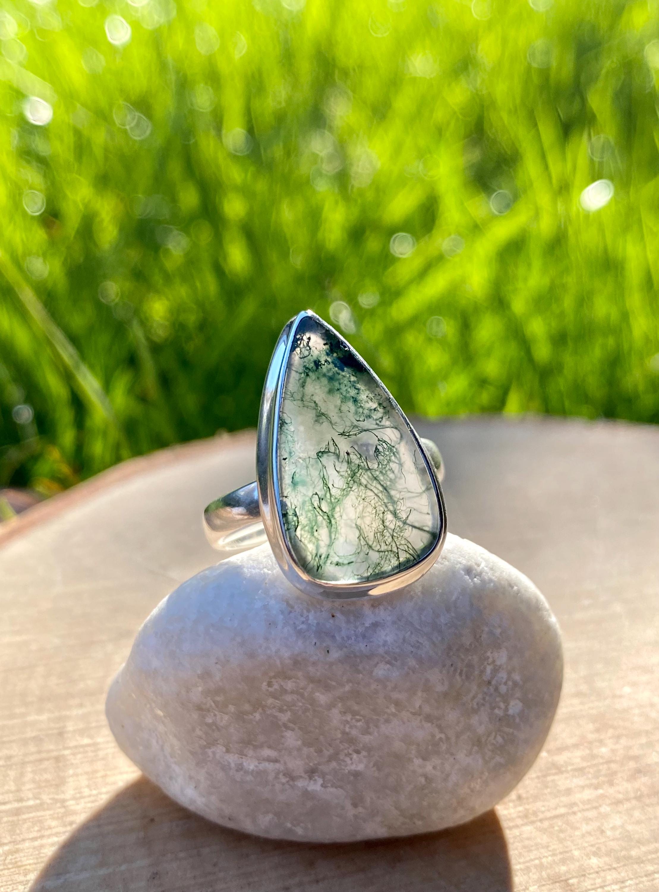 Moss Agate Sterling Silver Teardrop Ring