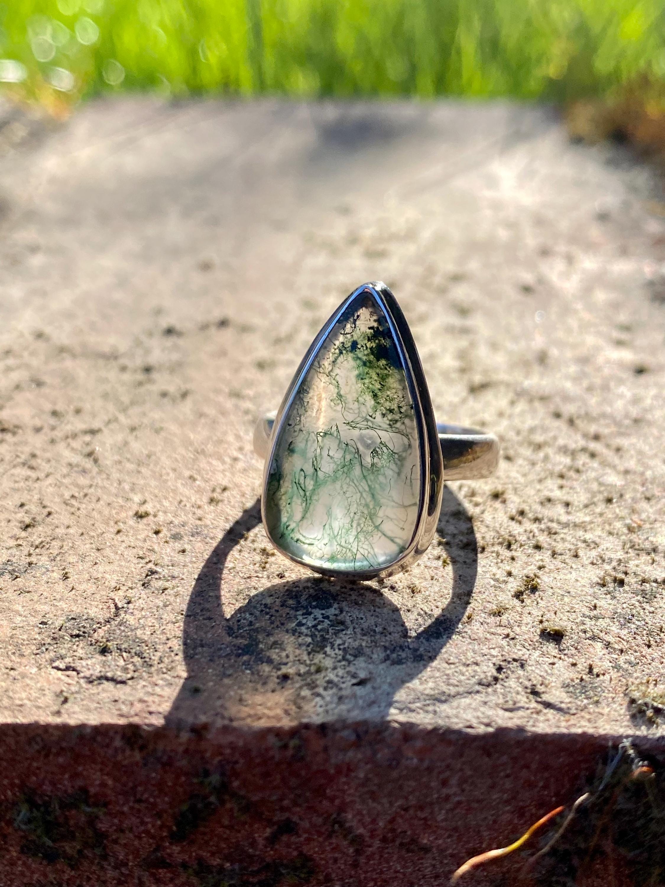 Moss Agate Sterling Silver Teardrop Ring
