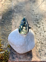 Moss Agate Sterling Silver Teardrop Ring