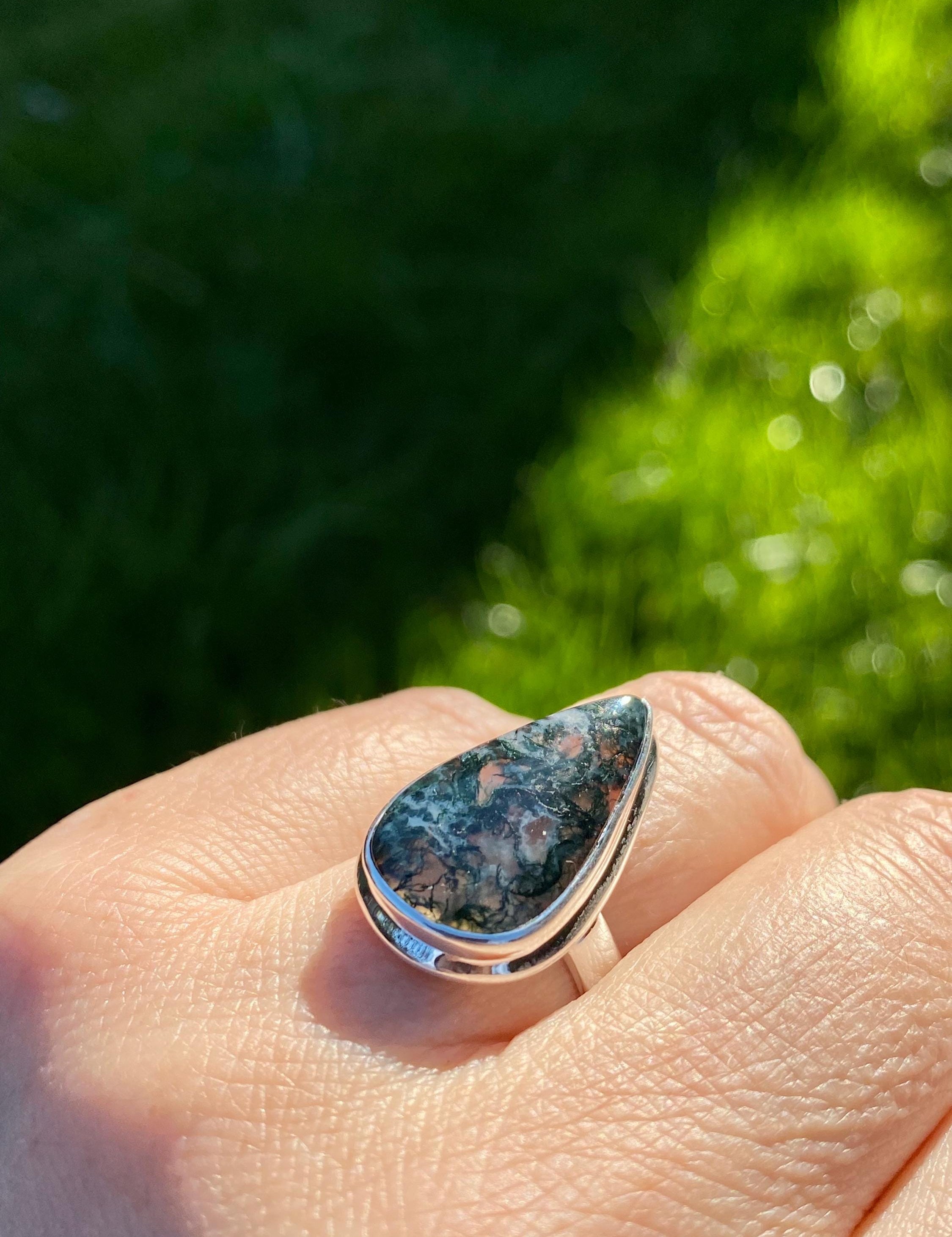 Moss Agate Sterling Silver Teardrop Ring
