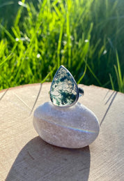 Moss Agate Sterling Silver Teardrop Ring