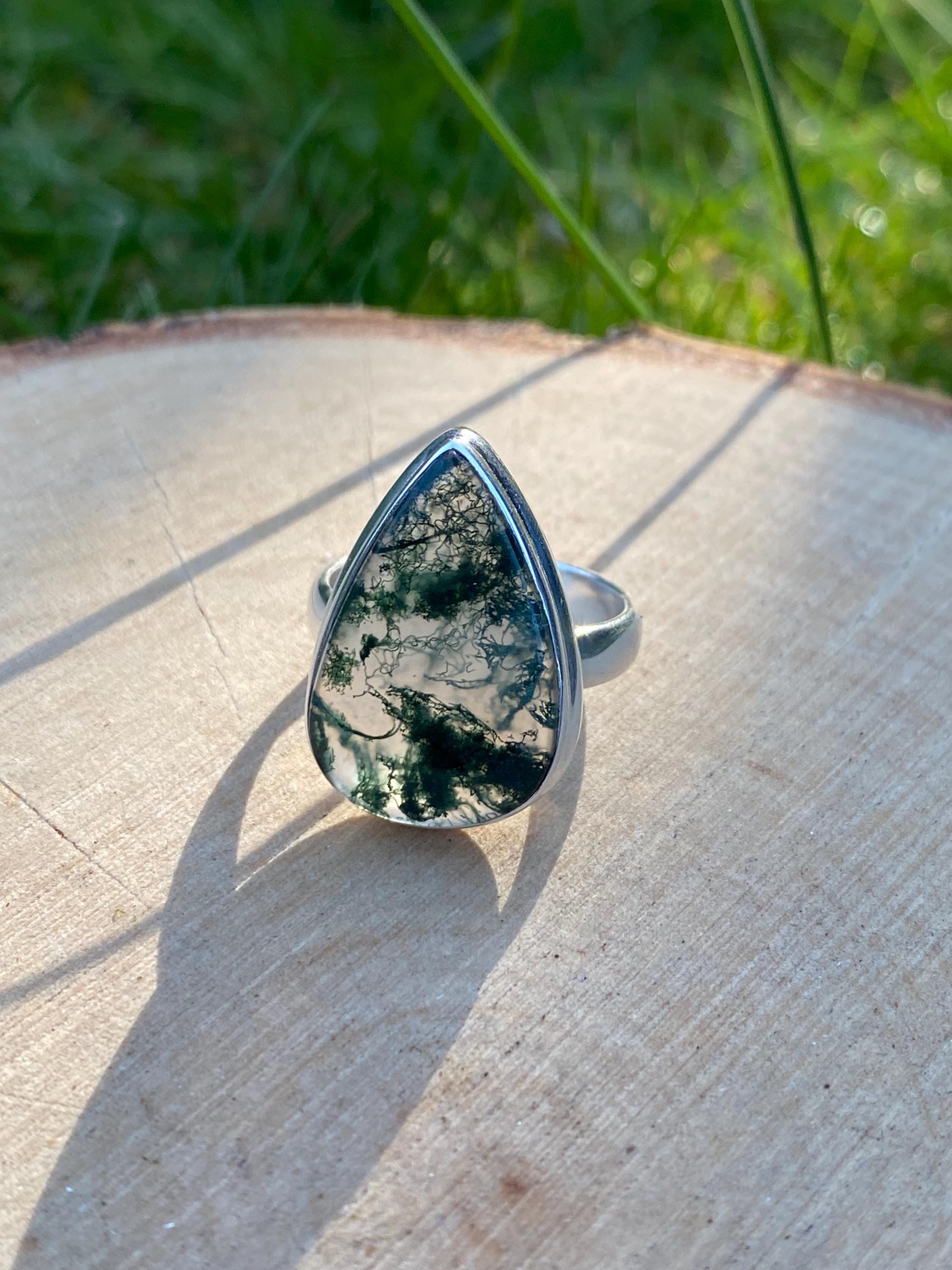 Moss Agate Sterling Silver Teardrop Ring
