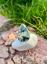 Moss Agate Sterling Silver Teardrop Ring