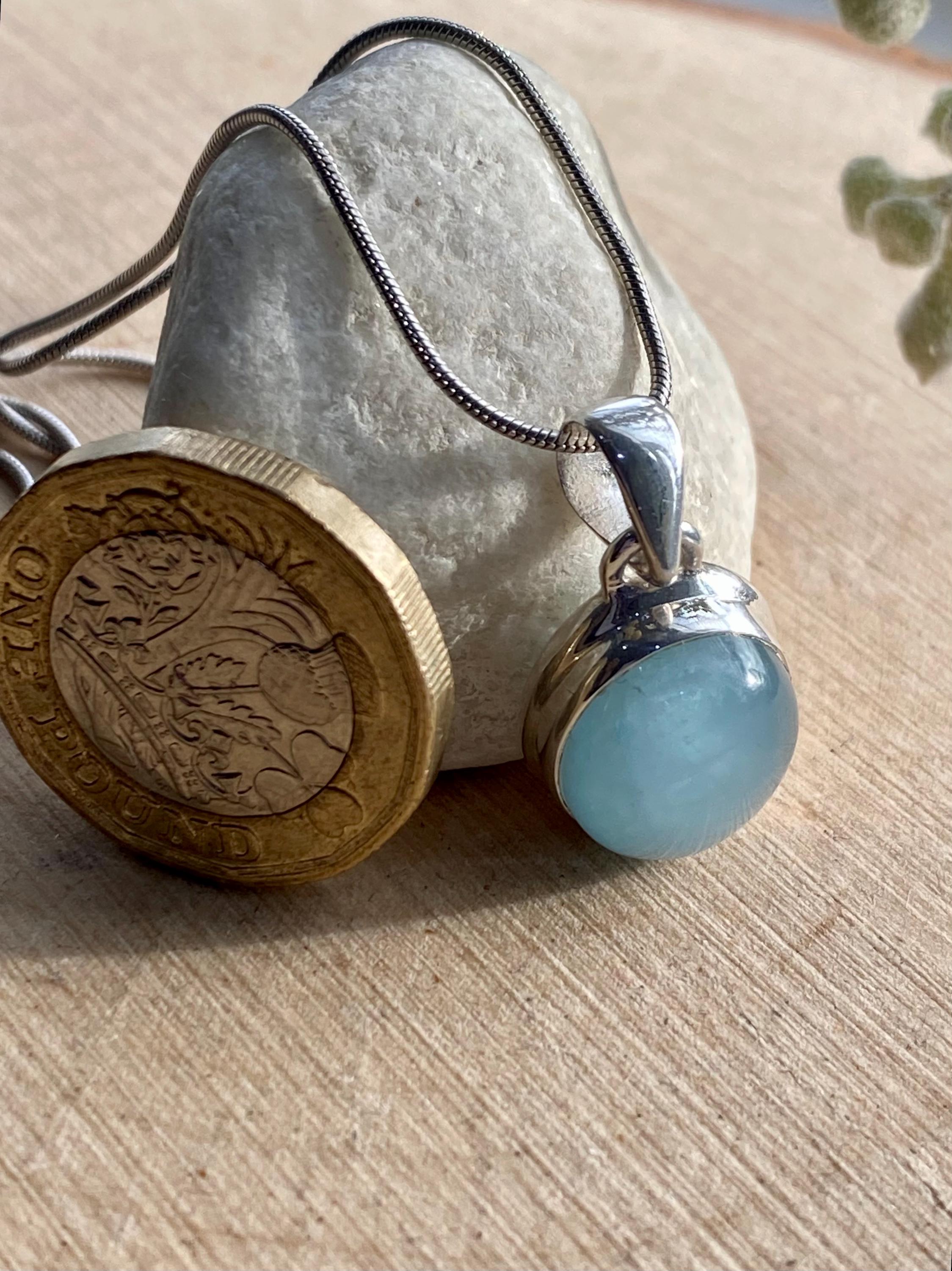 High Quality Natural Aquamarine and Silver Pendant