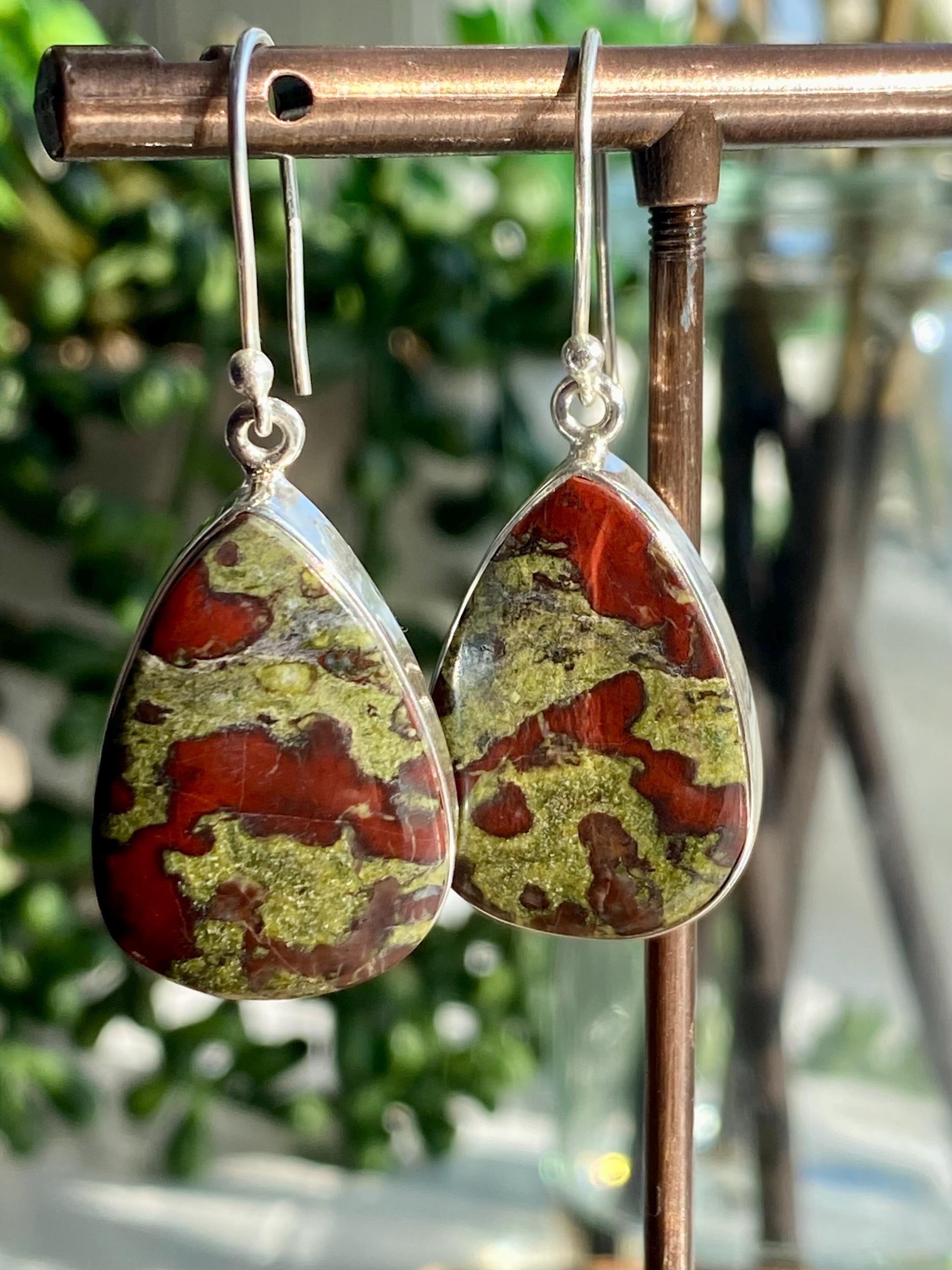 Natural Dragon Bloodstone Sterling Silver Dangle Earrings