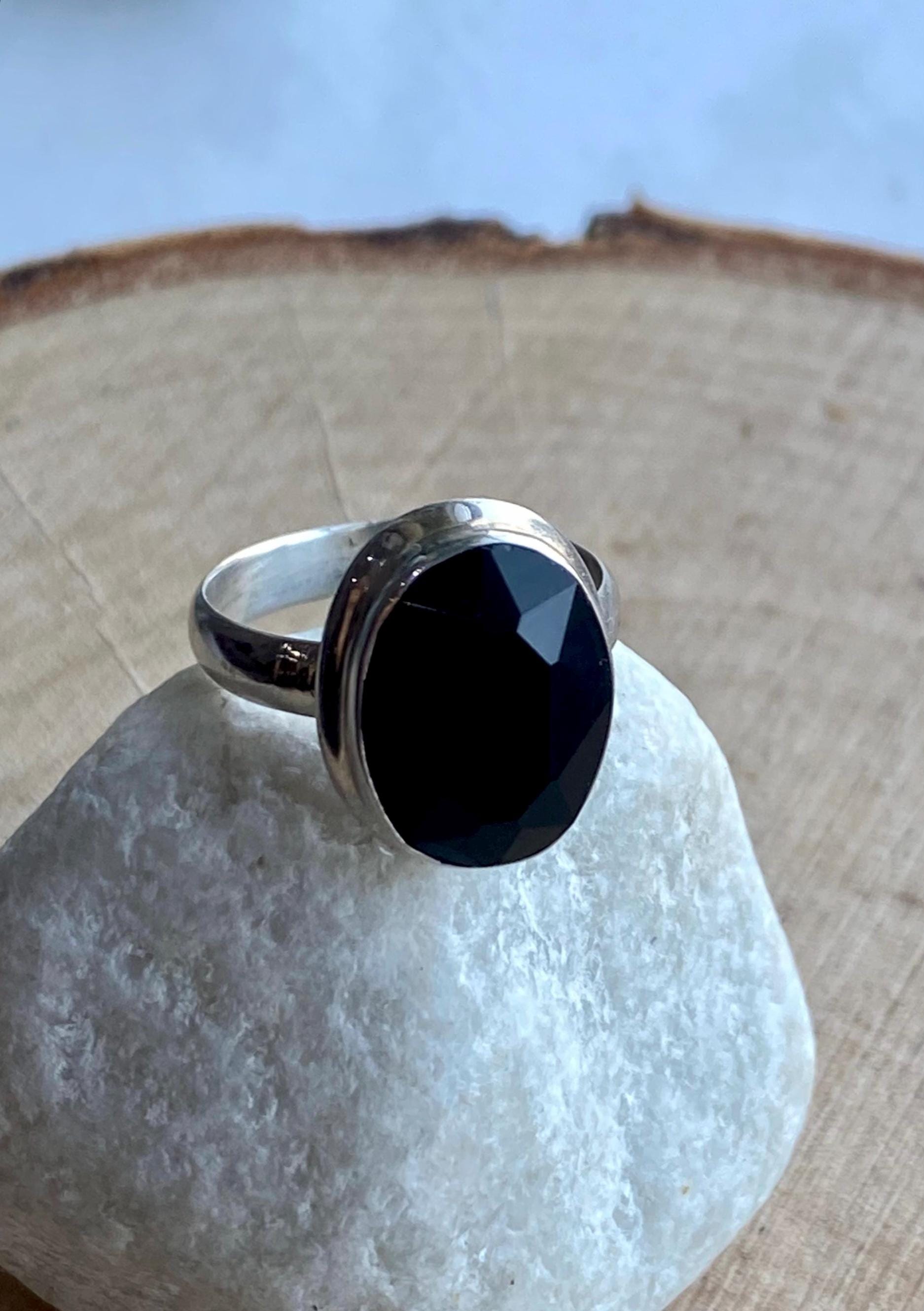 Black Polished Tourmaline Sterling Silver Ring