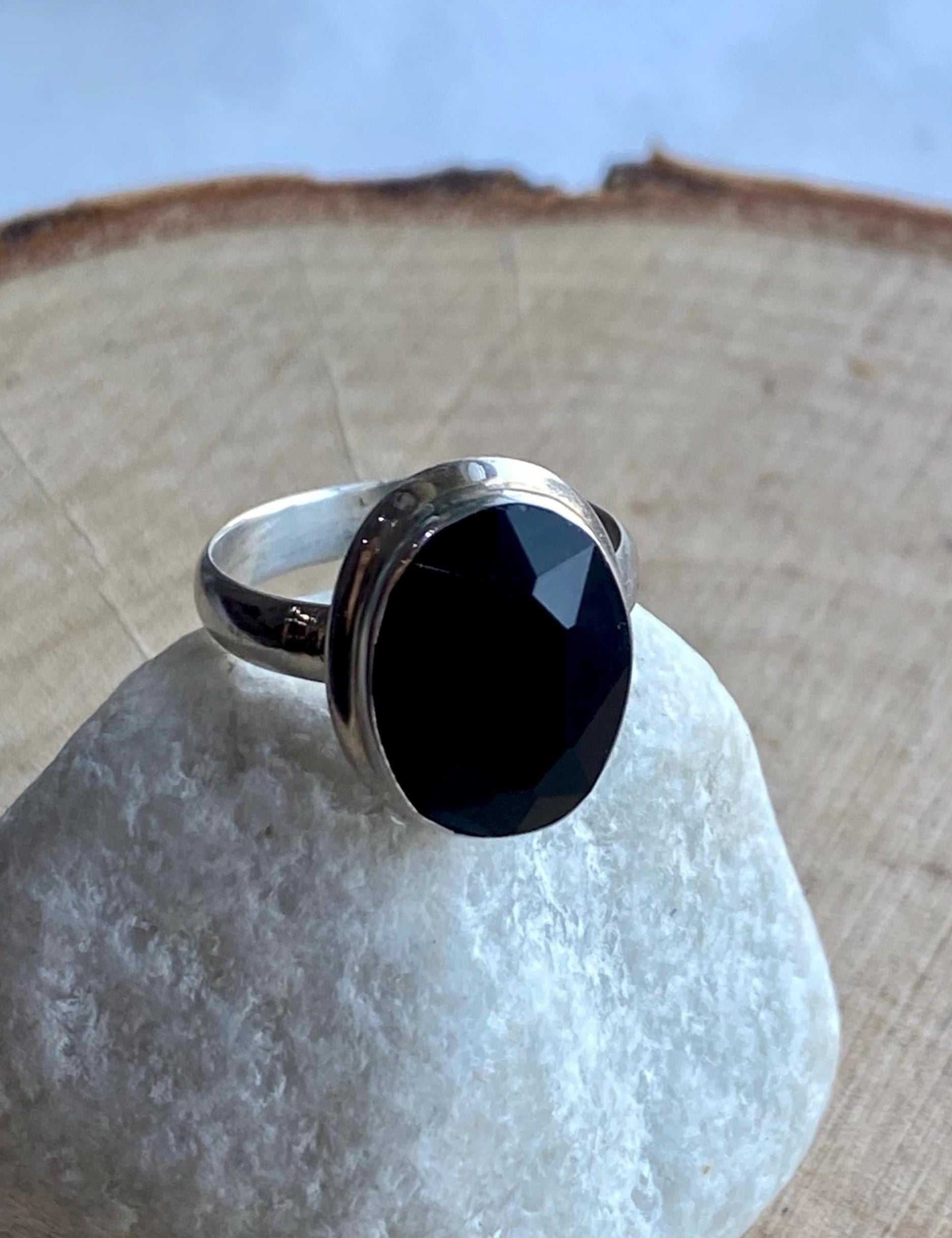 Black Polished Oval Tourmaline 925 Sterling Silver Ring