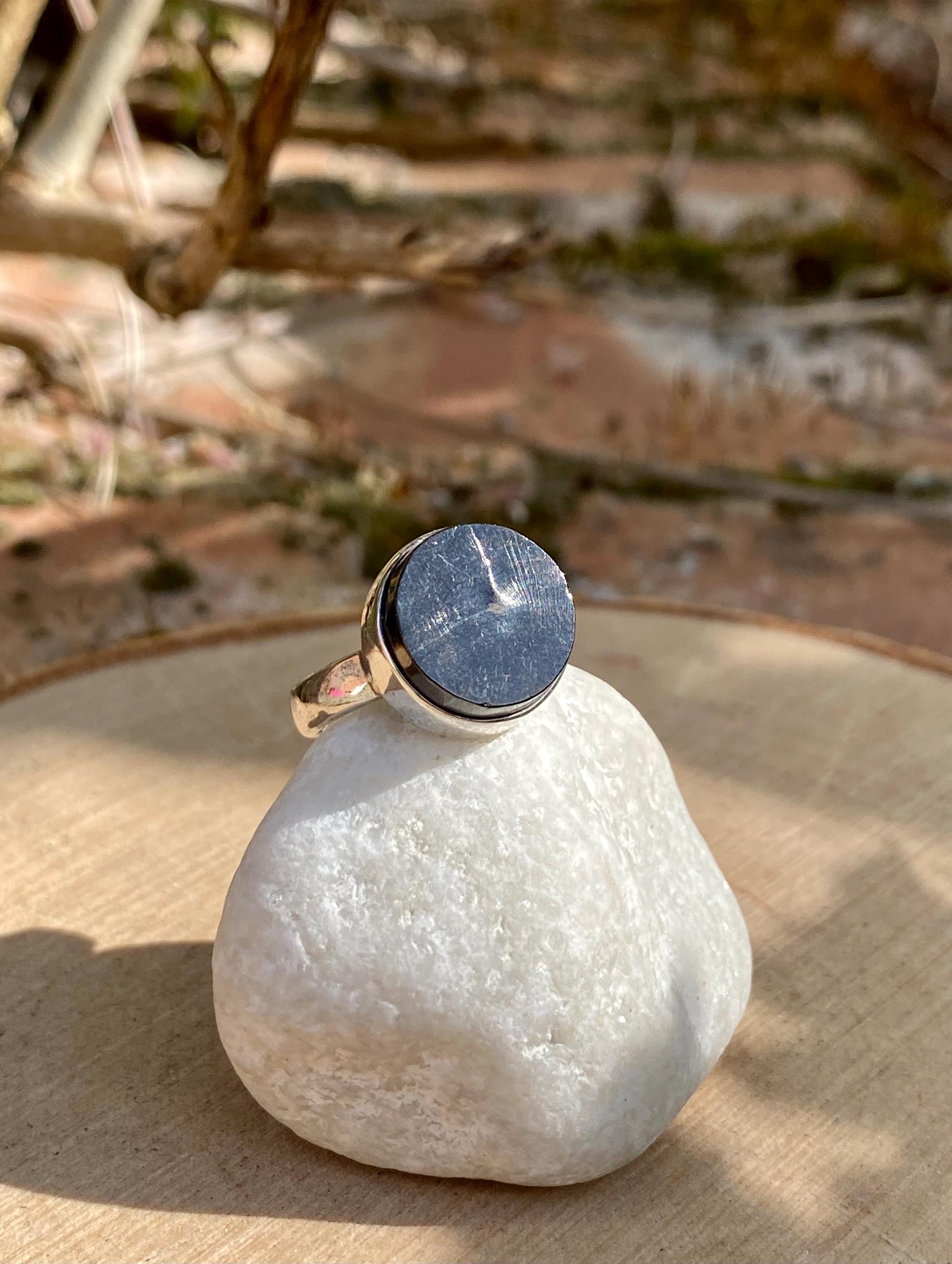 Karelian Shungite Sterling Silver Ring: Round Stone, Size 7