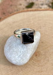 Karelian Shungite Sterling Silver Ring: Princess Cut Stone