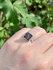 Karelian Shungite Sterling Silver Ring: Princess Cut Stone