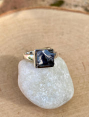 Karelian Shungite Sterling Silver Ring: Princess Cut Stone