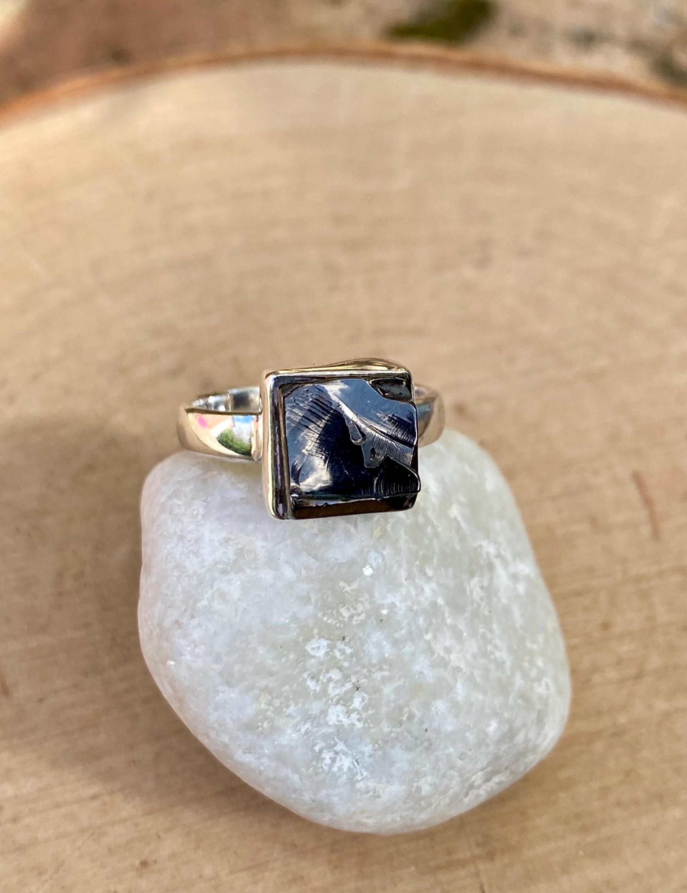 Karelian Shungite Sterling Silver Ring: Princess Cut Stone