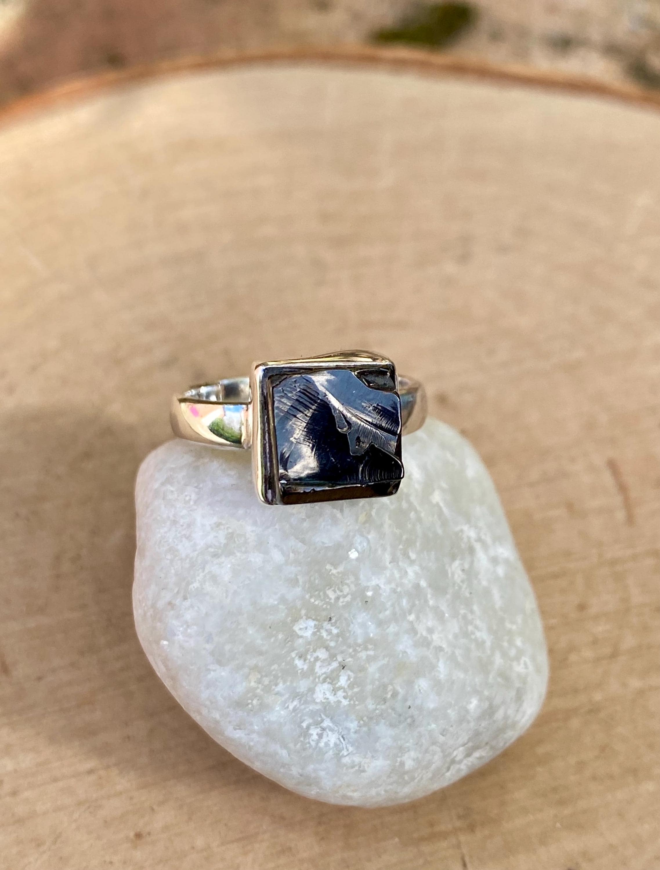 Karelian Shungite Sterling Silver Ring: Princess Cut Stone