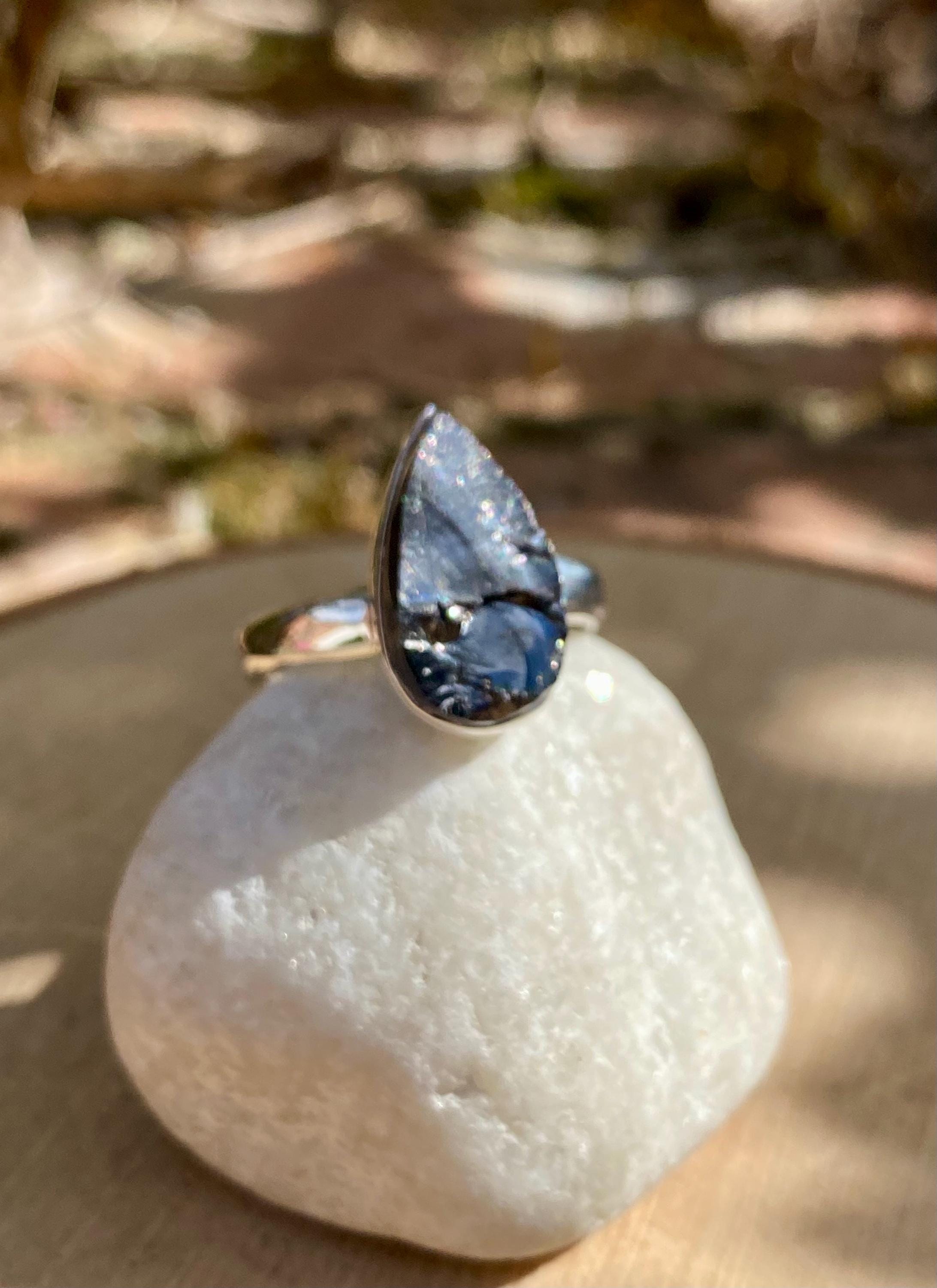 Shungite Sterling Silver Ring: Karelian Pear-Cut Stone