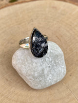 Raw Shungite Teardrop Ring: 925 Sterling Silver, Handmade UK