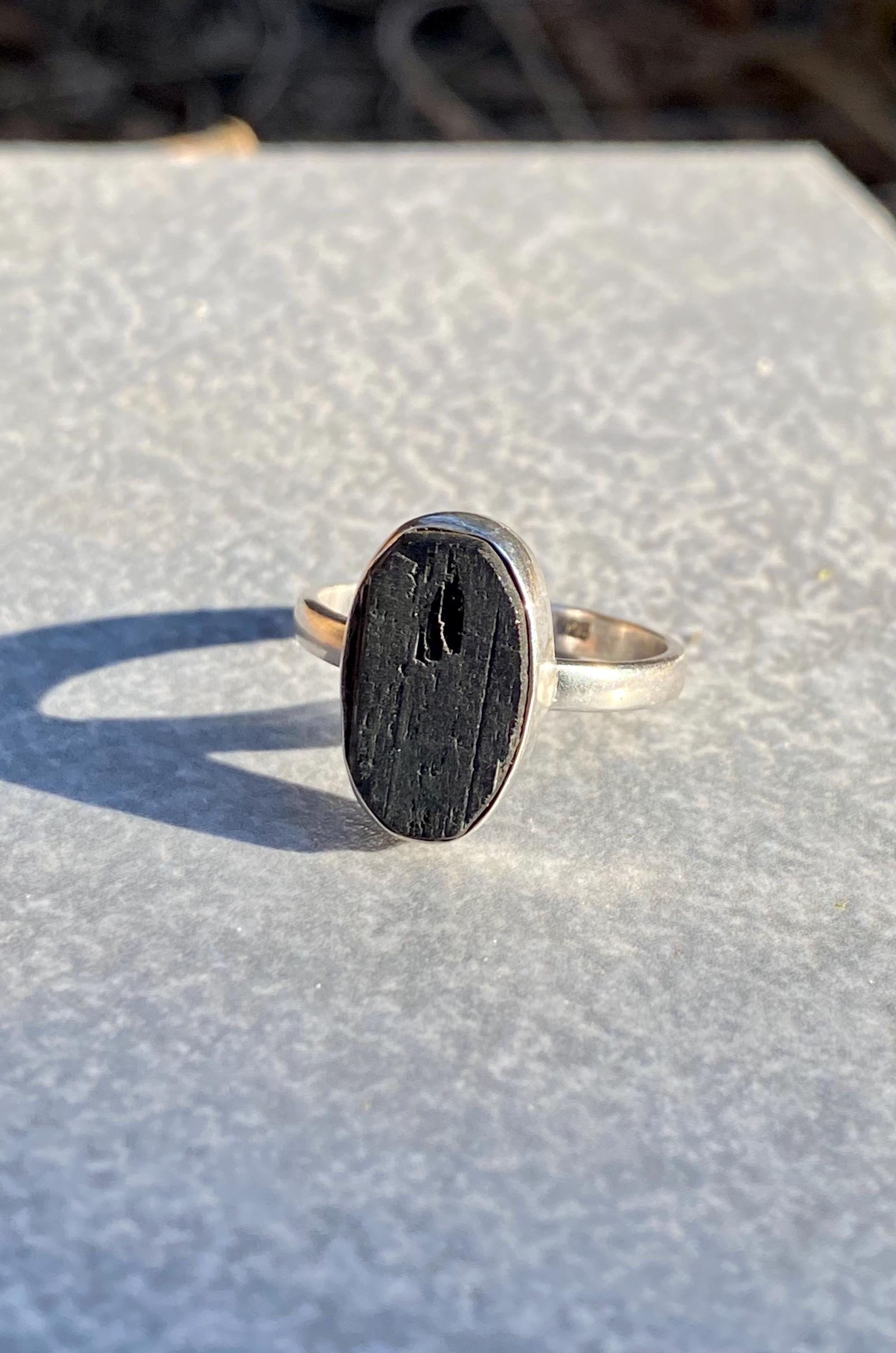 Genuine Black Raw Tourmaline Sterling Silver Ring