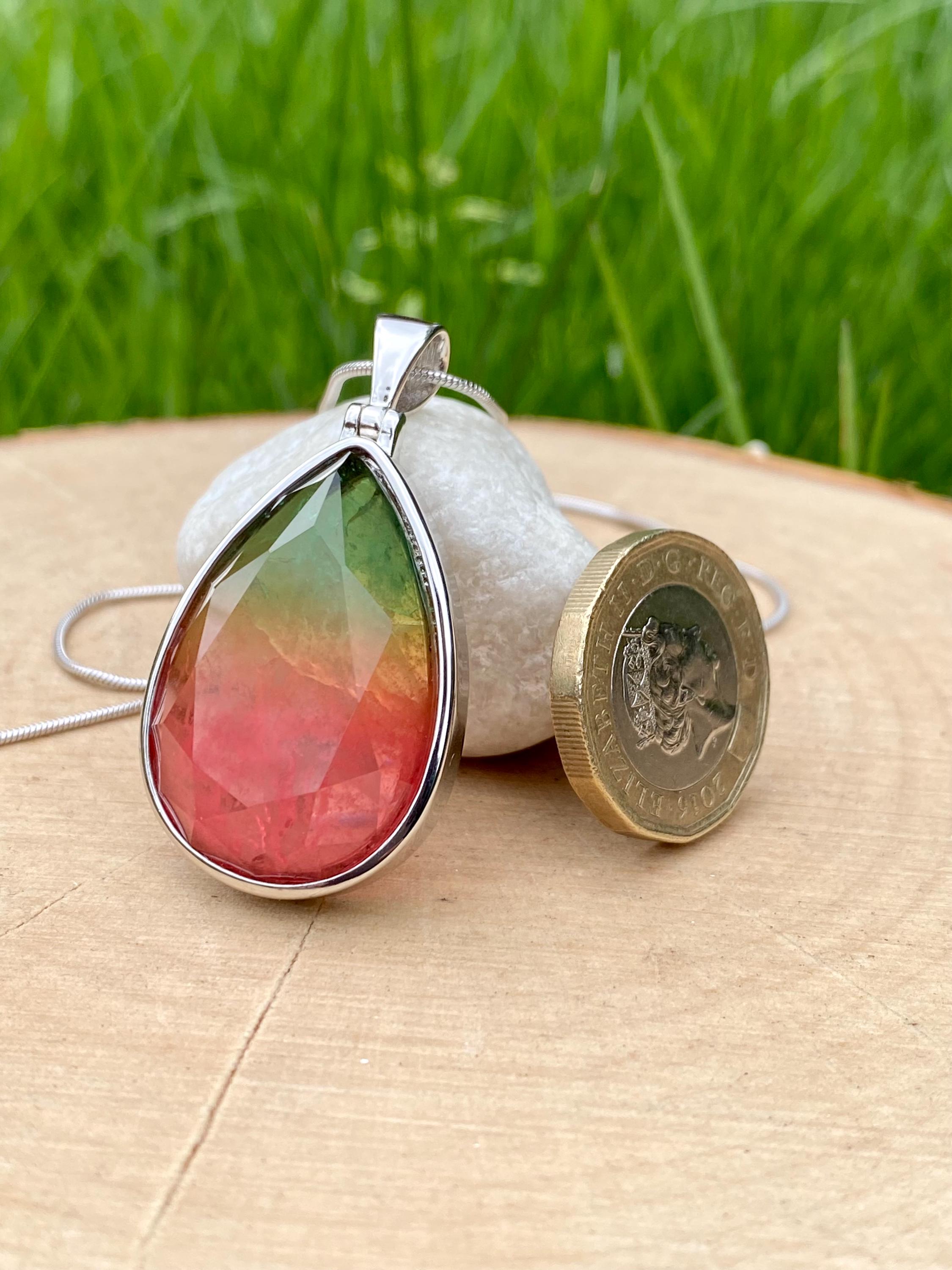 Watermelon Tourmaline Silver Teardrop Pendant