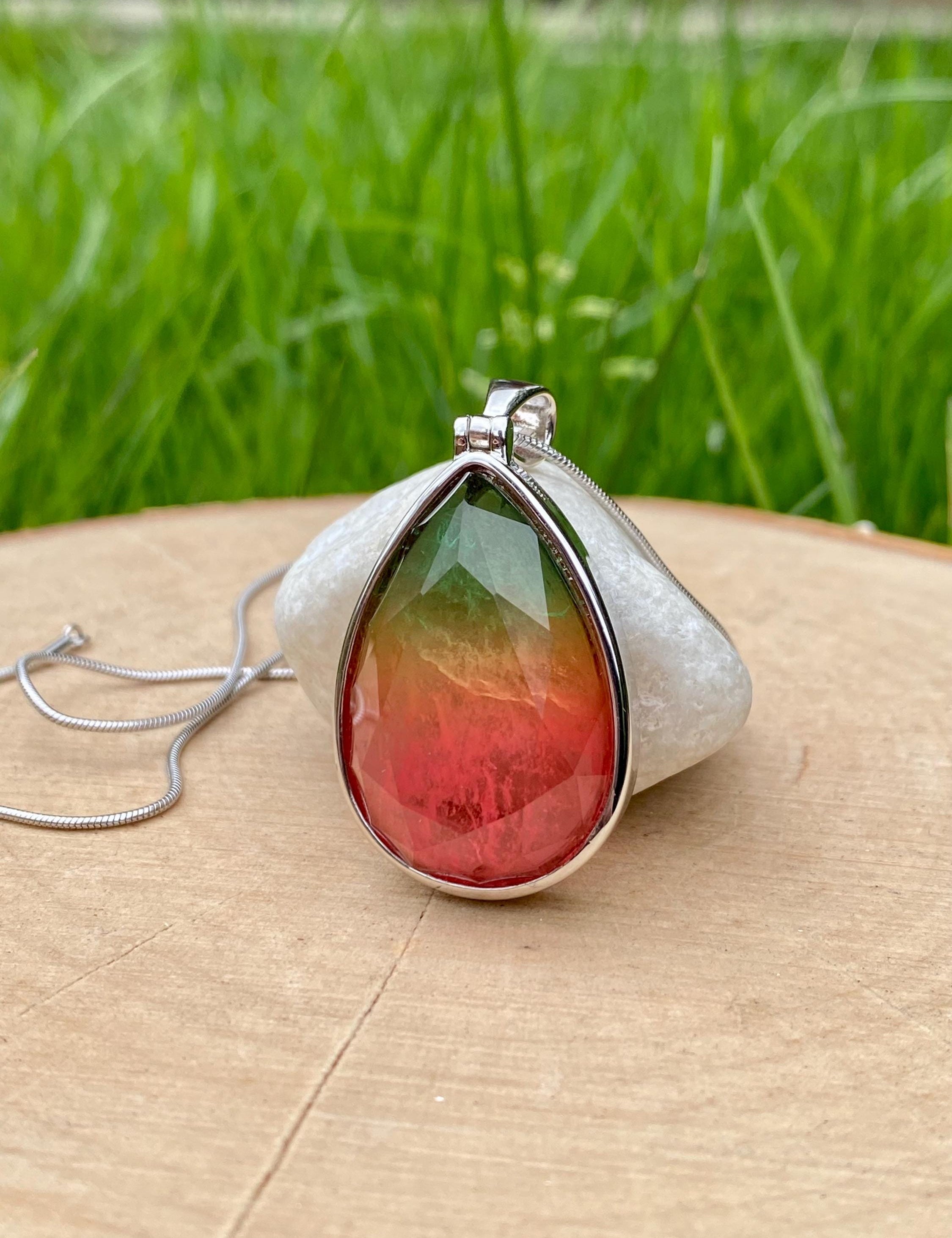 Watermelon Tourmaline Silver Teardrop Pendant