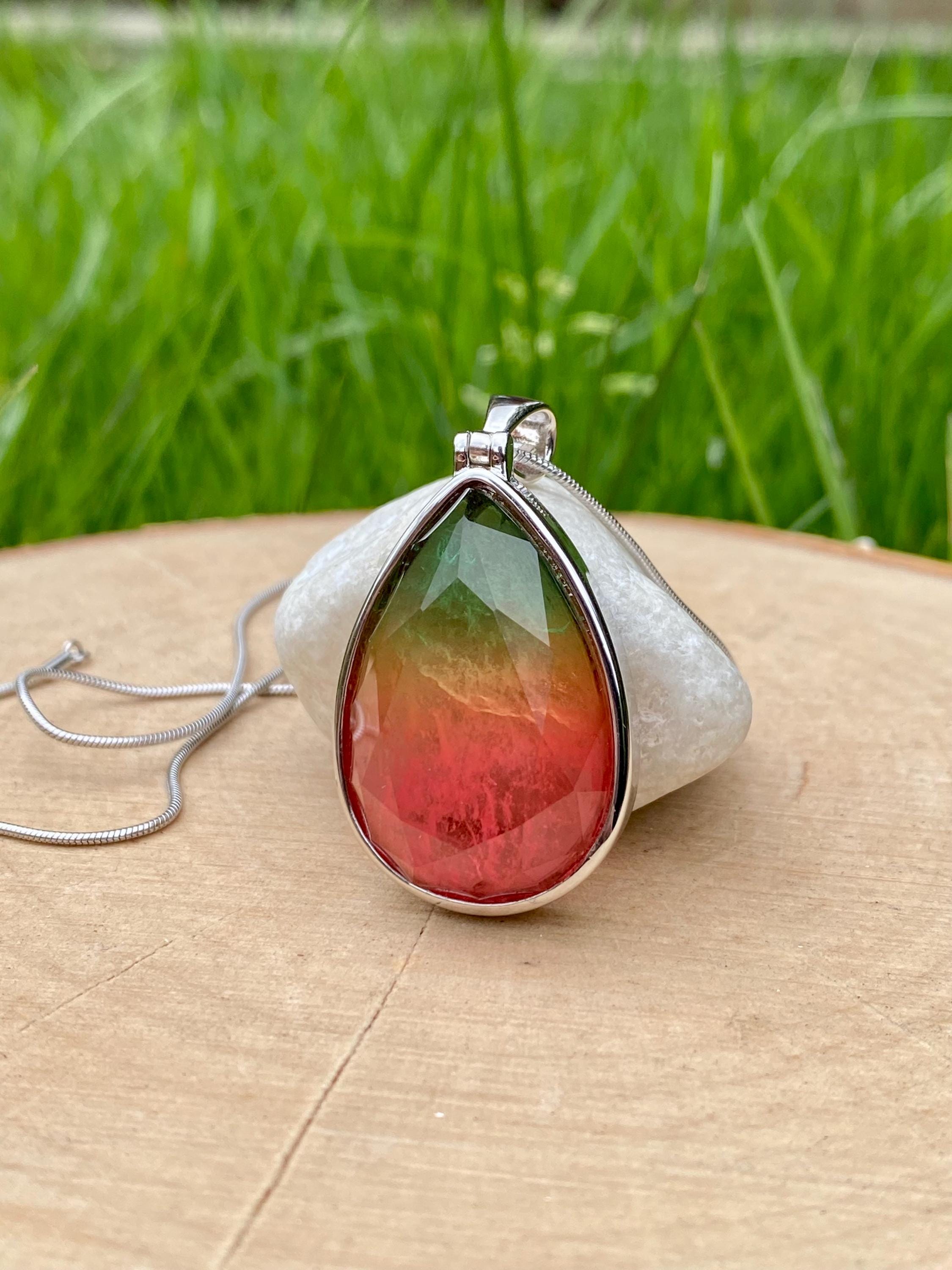 Watermelon Tourmaline Pendant Teardrop Sterling Silver
