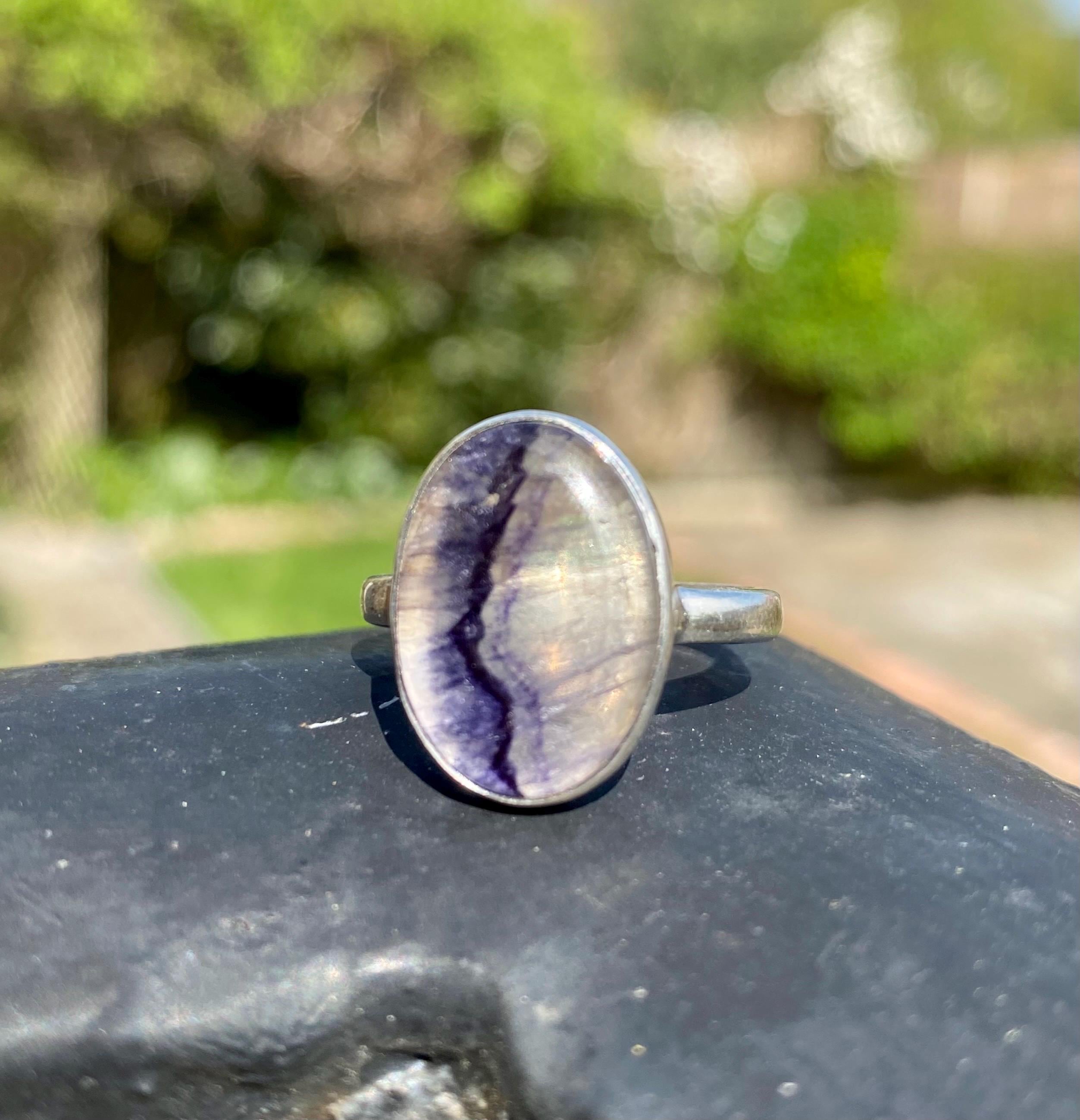 Blue John and Solid Silver Oval Ring - Extremely Rare