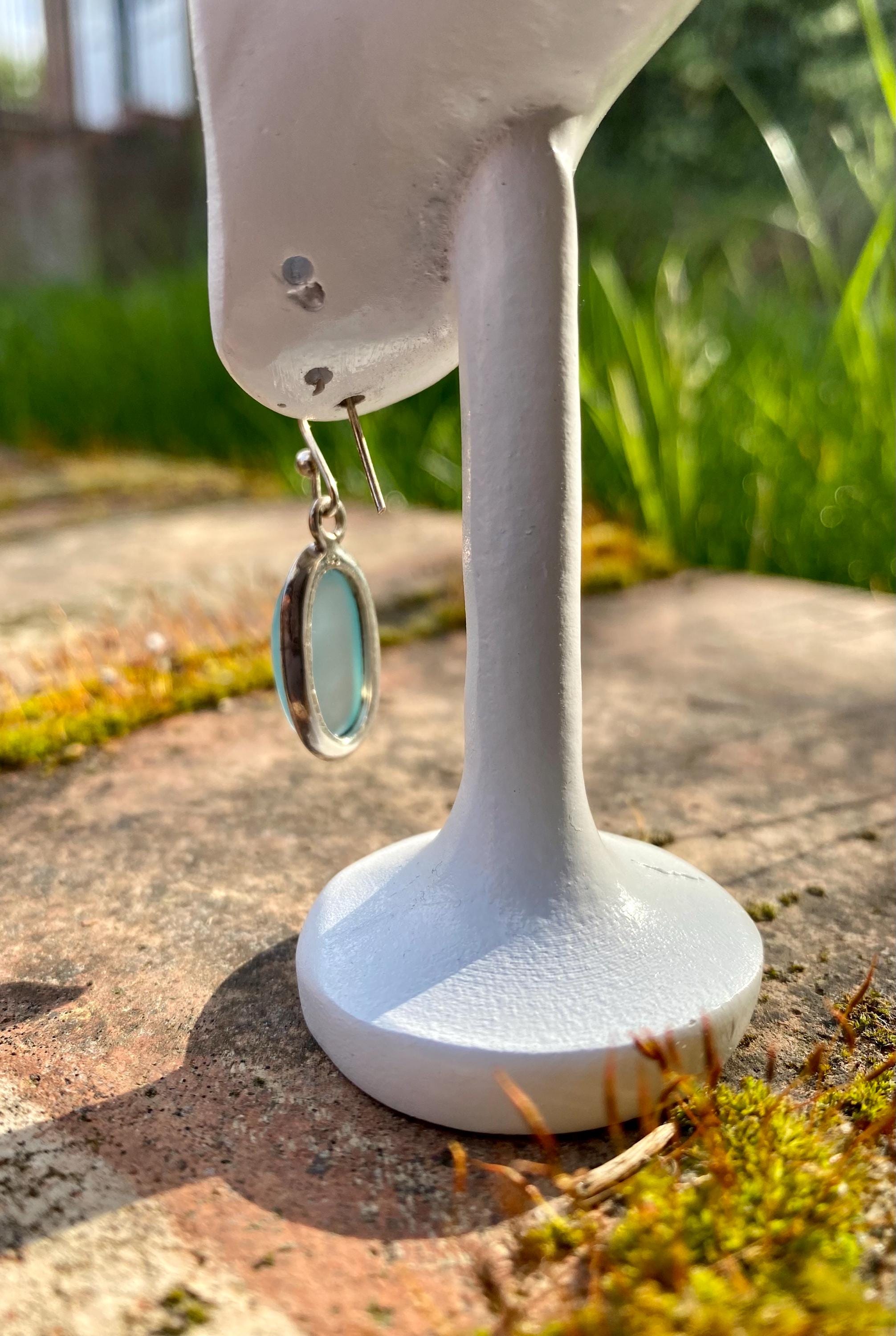 Dainty Aquamarine Dangle Earrings, Oval 19mm x 11mm, Sterling Silver, Handmade UK gift