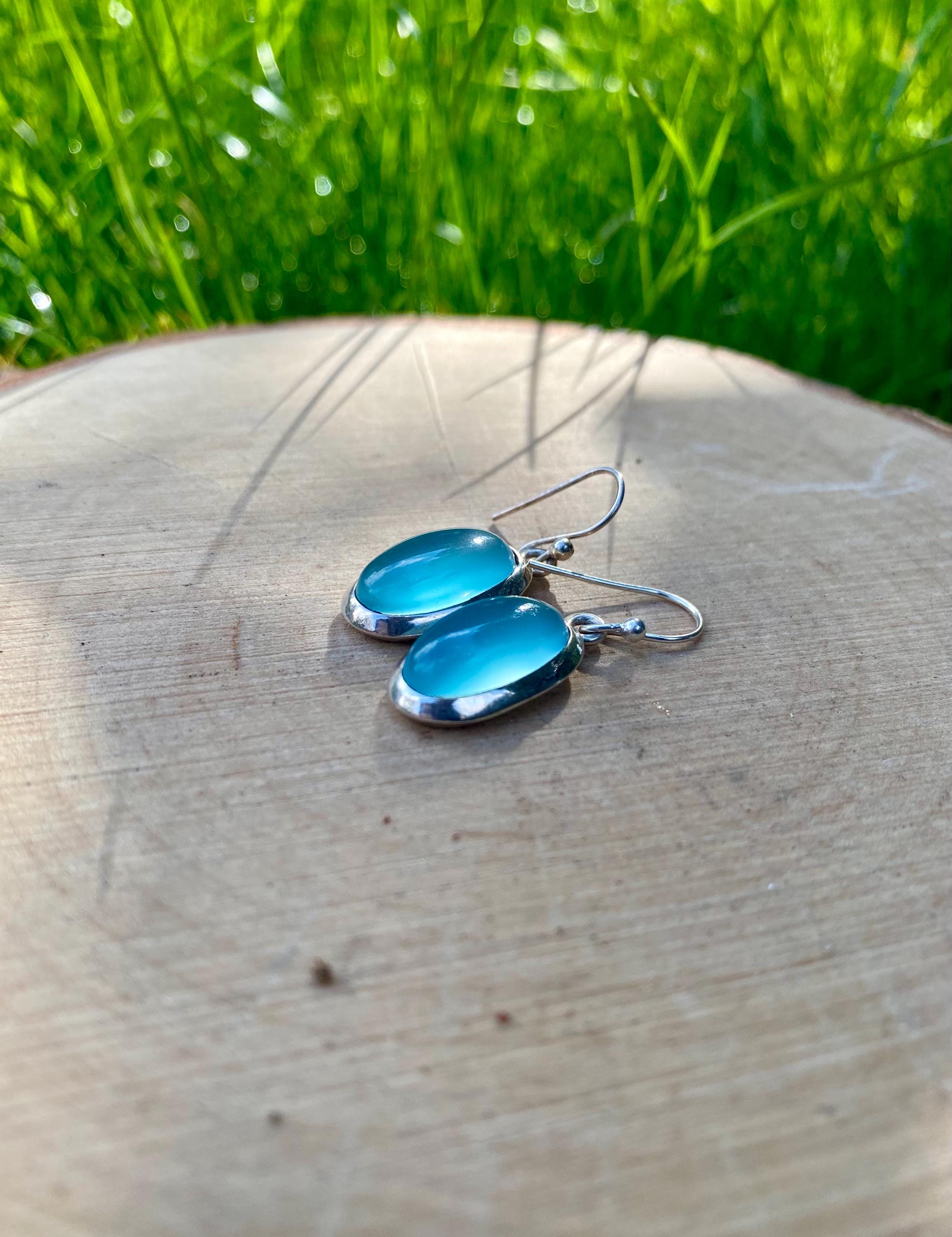 Dainty Aquamarine Dangle Earrings, Oval 19mm x 11mm, Sterling Silver, Handmade UK gift