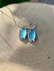 Dainty Aquamarine Dangle Earrings, Oval 19mm x 11mm, Sterling Silver, Handmade UK gift