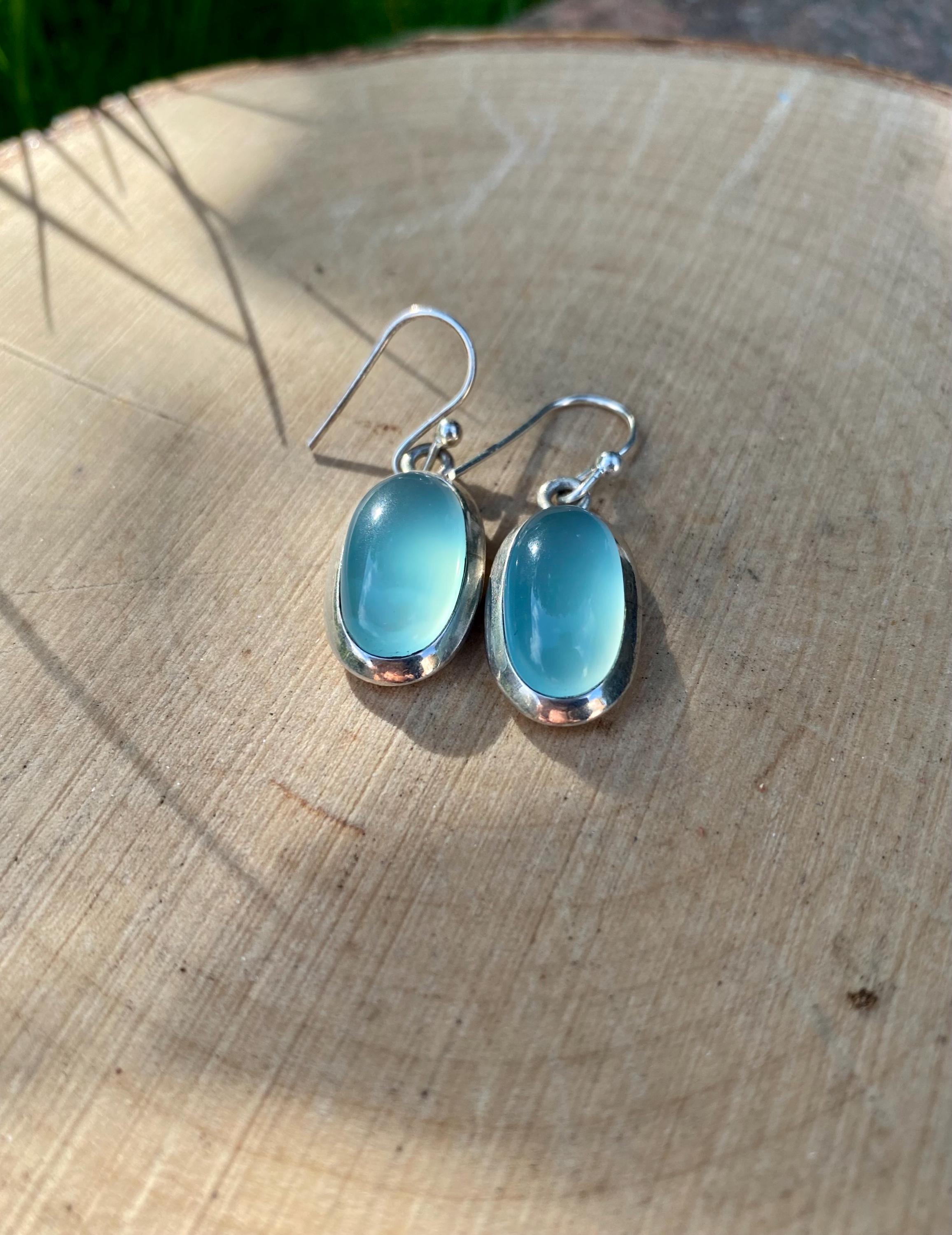 Dainty Aquamarine Dangle Earrings, Oval 19mm x 11mm, Sterling Silver, Handmade UK gift