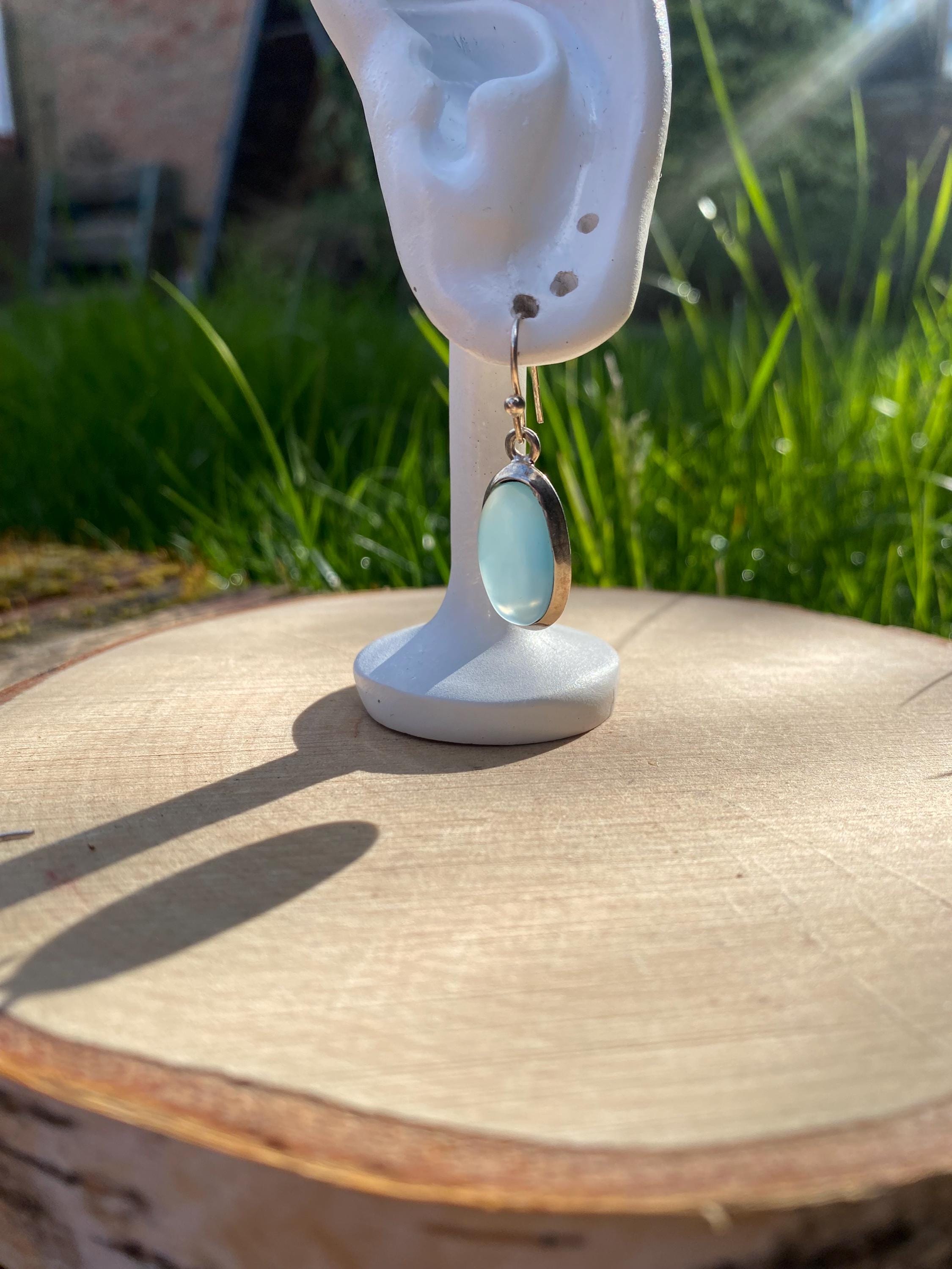 Dainty Aquamarine Dangle Earrings, Oval 19mm x 11mm, Sterling Silver, Handmade UK gift