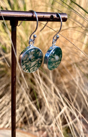 Moss Agate and Silver Round Earrings
