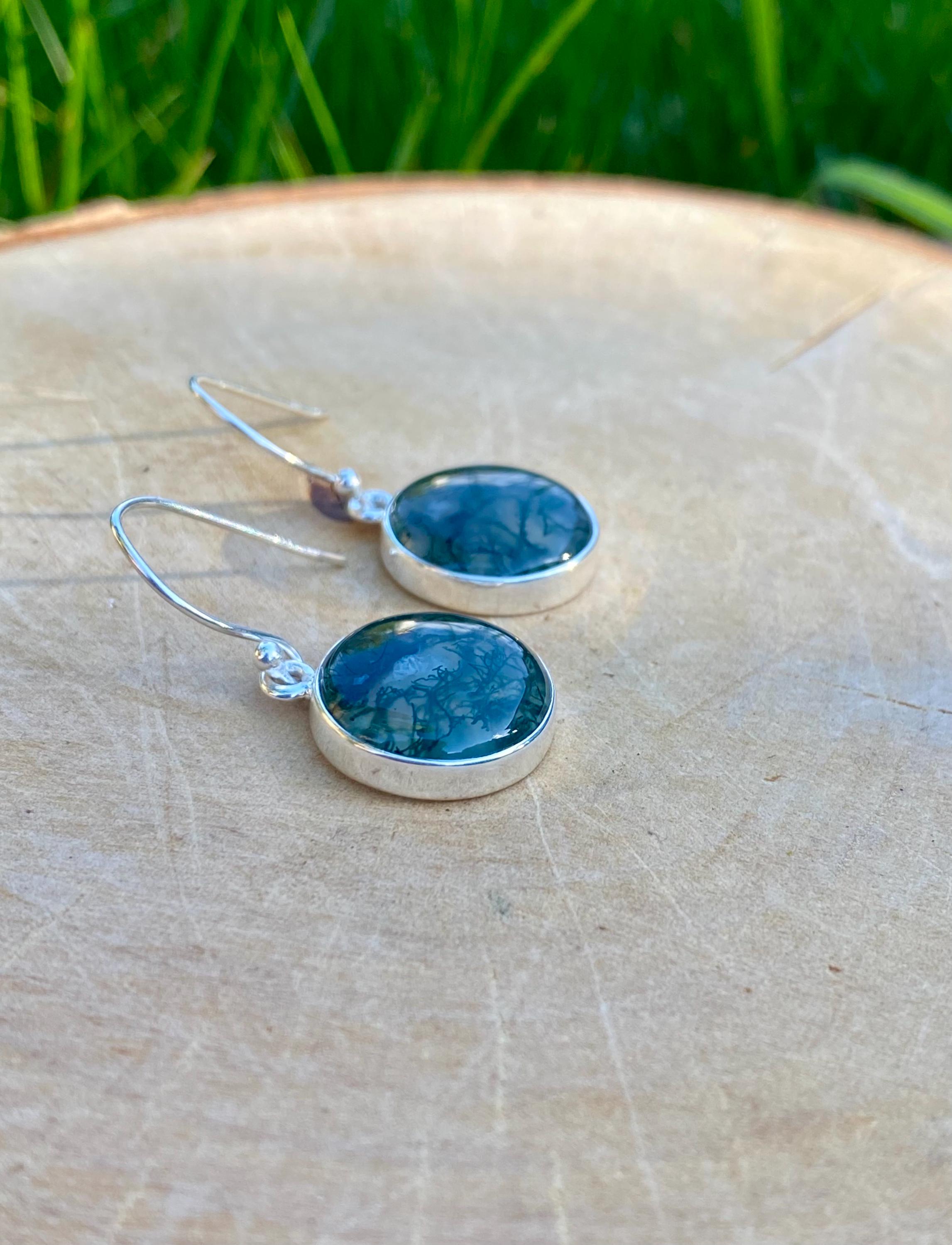Moss Agate and Silver Round Earrings