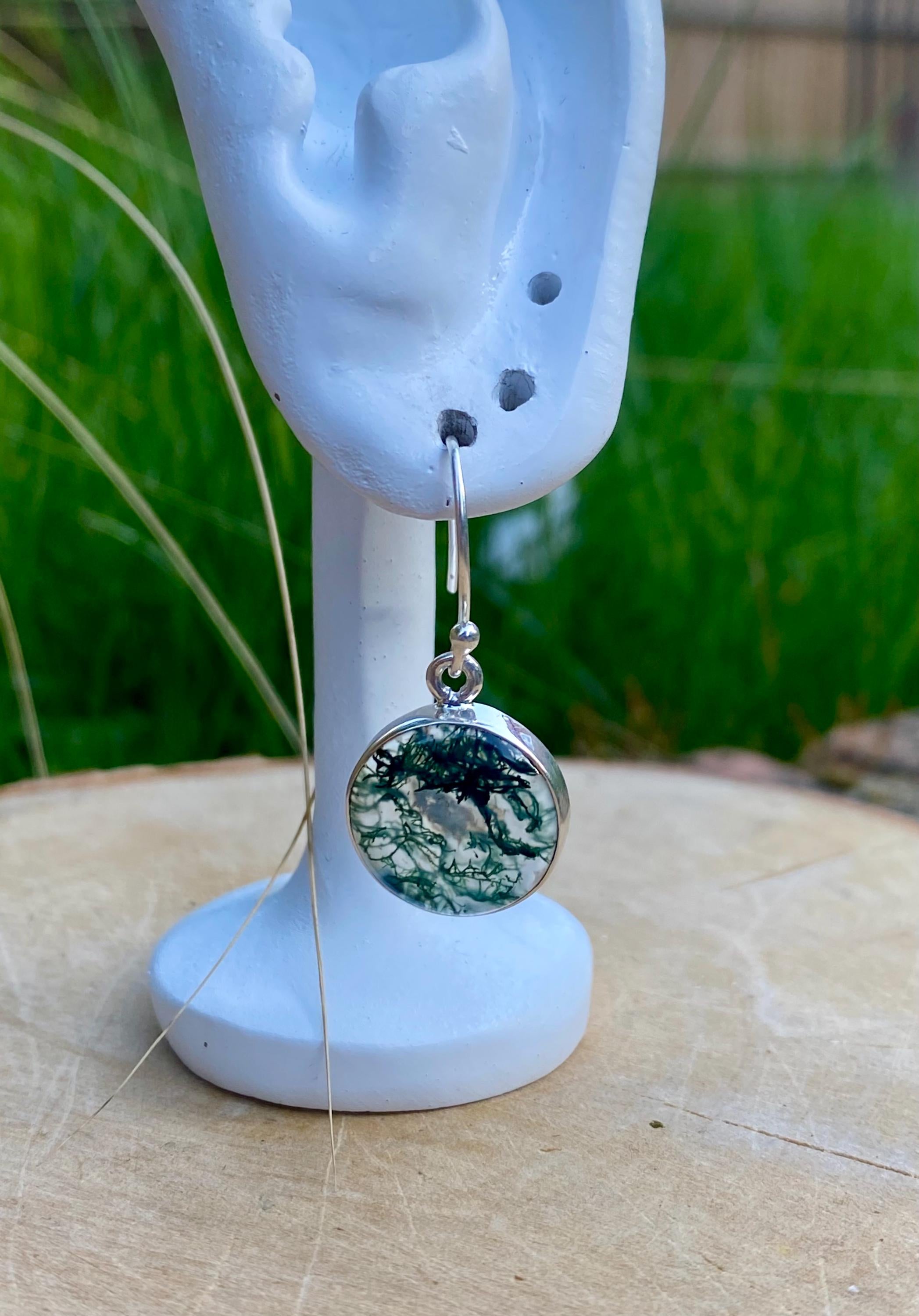 Moss Agate and Silver Round Earrings