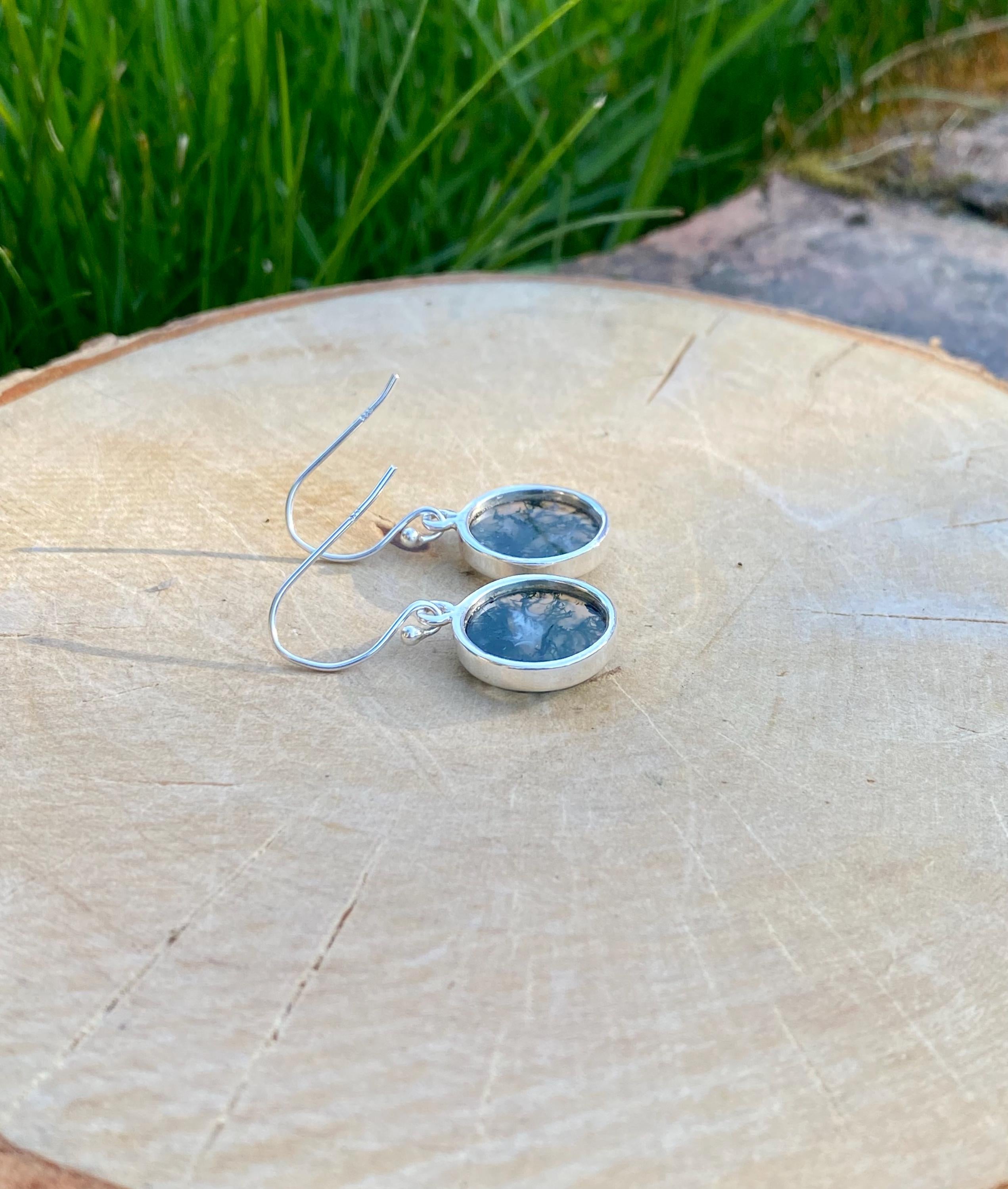 Moss Agate and Silver Round Earrings