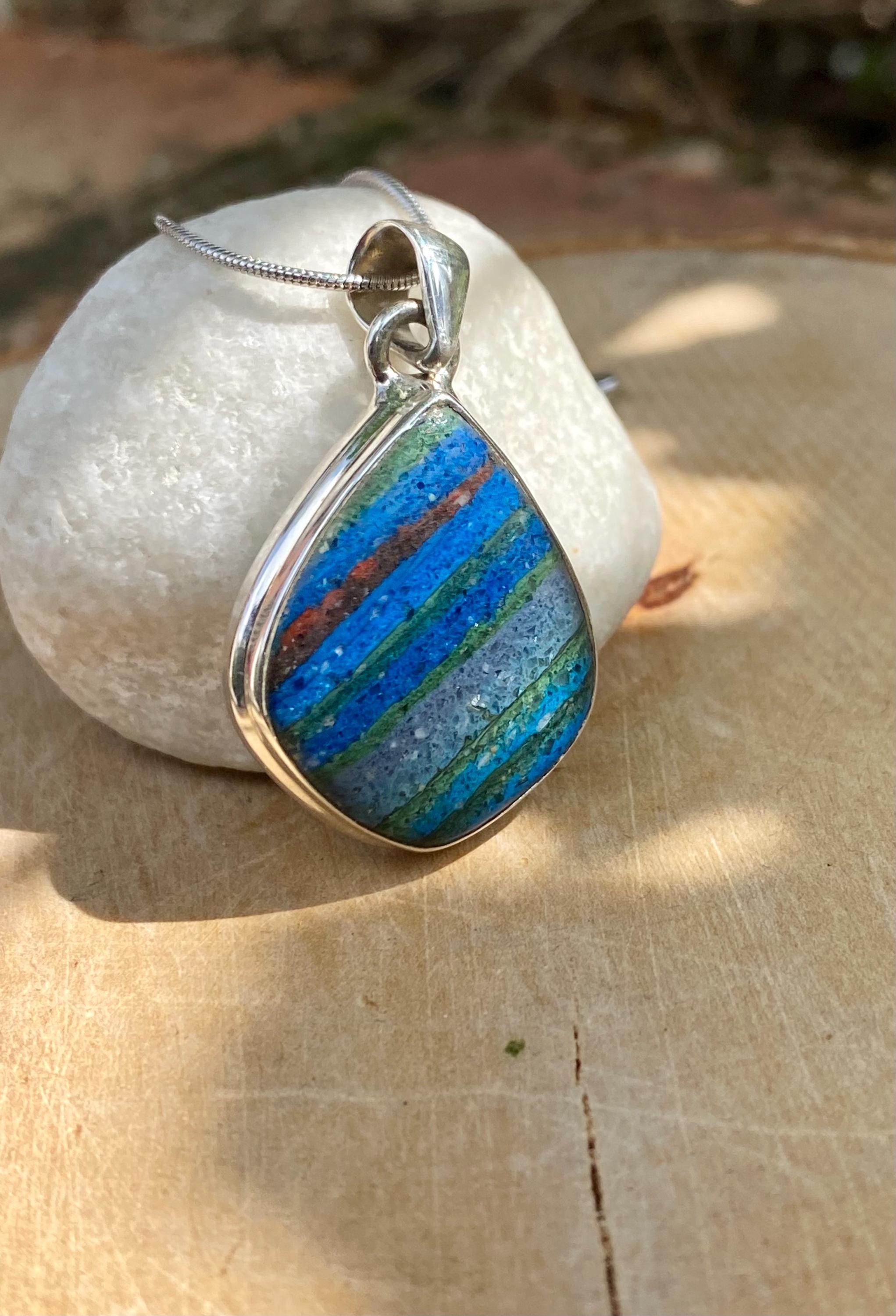 Rainbow Calsilica Sterling Silver Pendant: Teardrop Volcanic Rhyolite