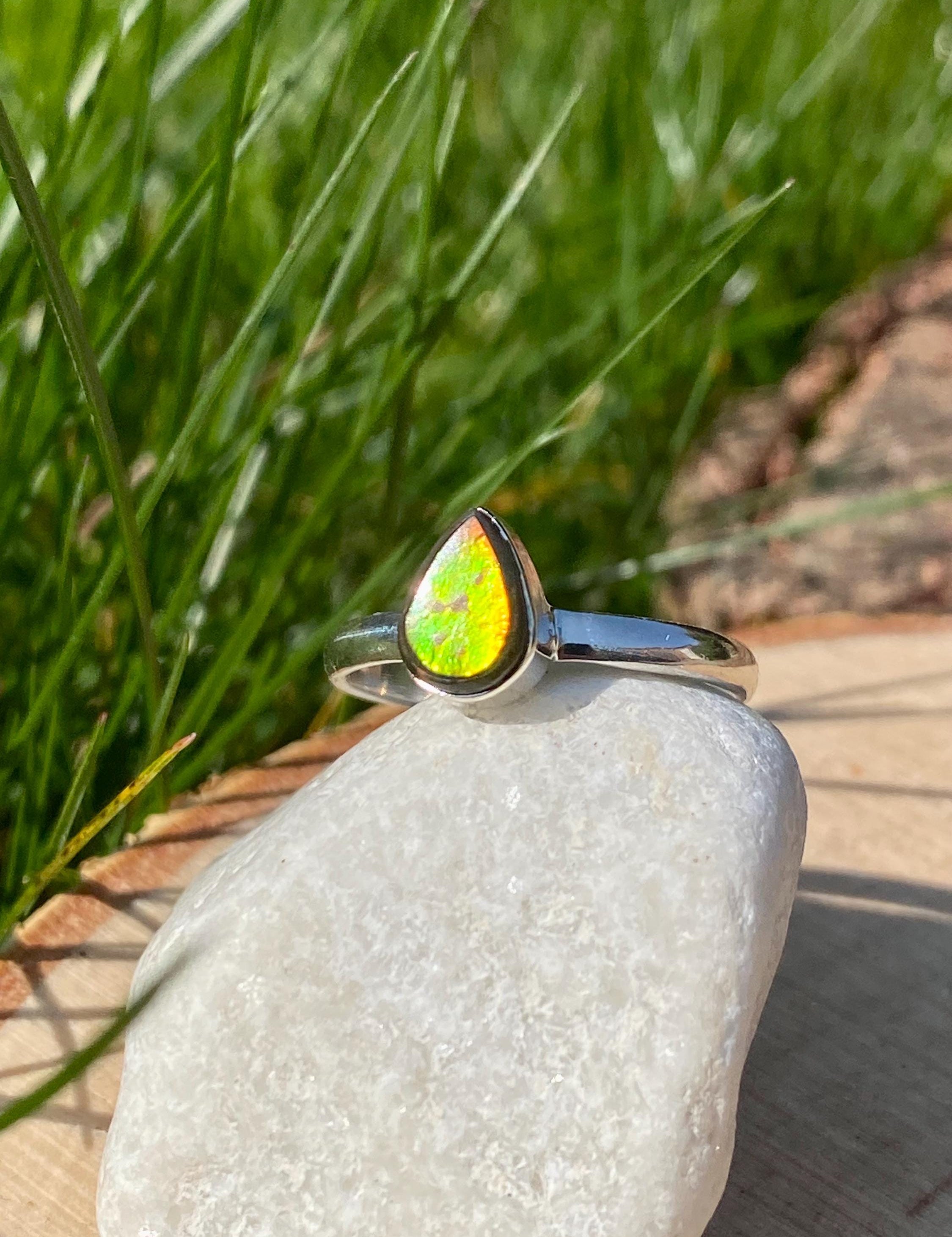 Pear-Cut Ammolite Sterling Silver Ring - Iridescent Bezel Setting