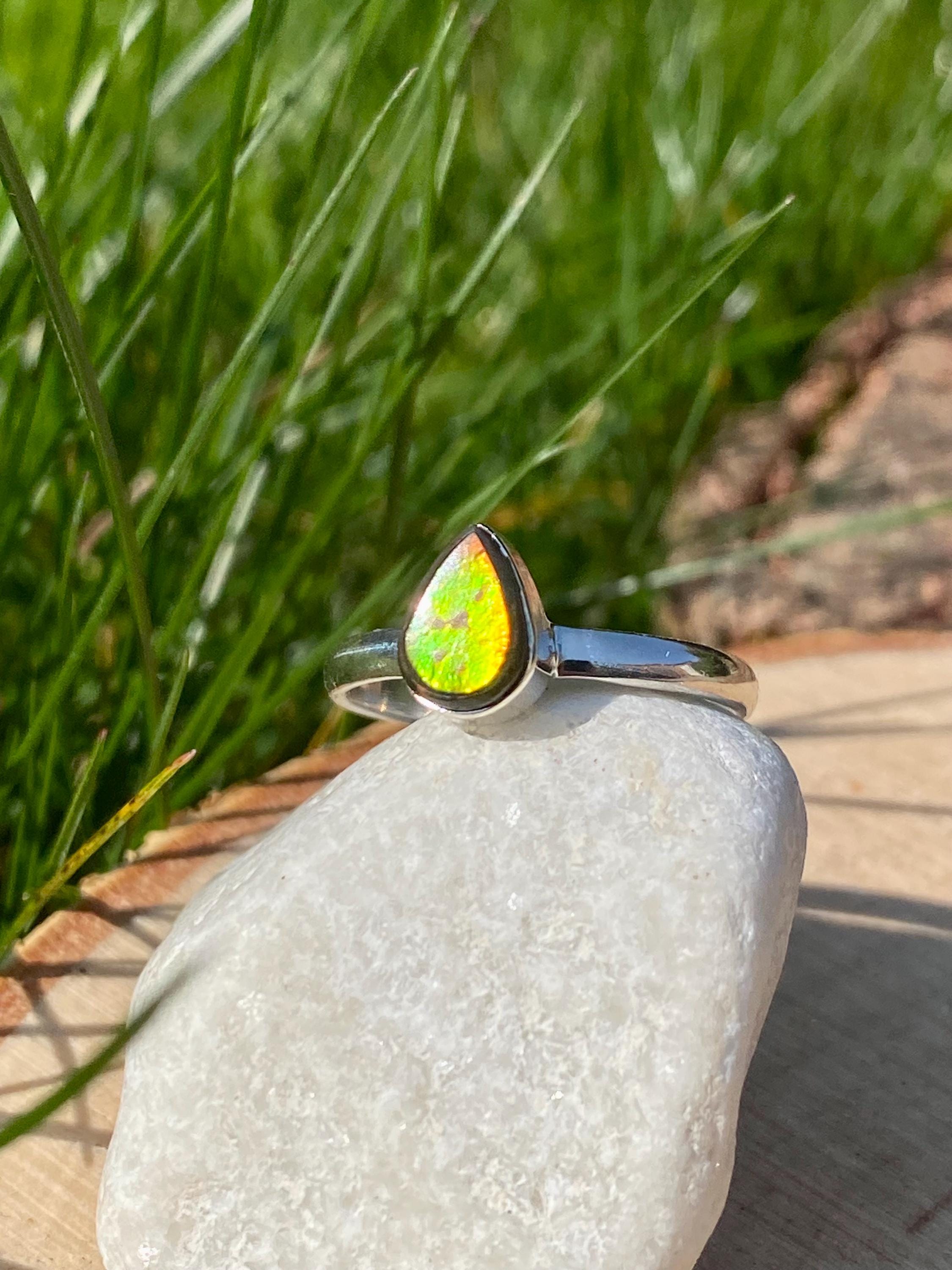 Pear-Cut Ammolite Sterling Silver Ring - Iridescent Bezel Setting