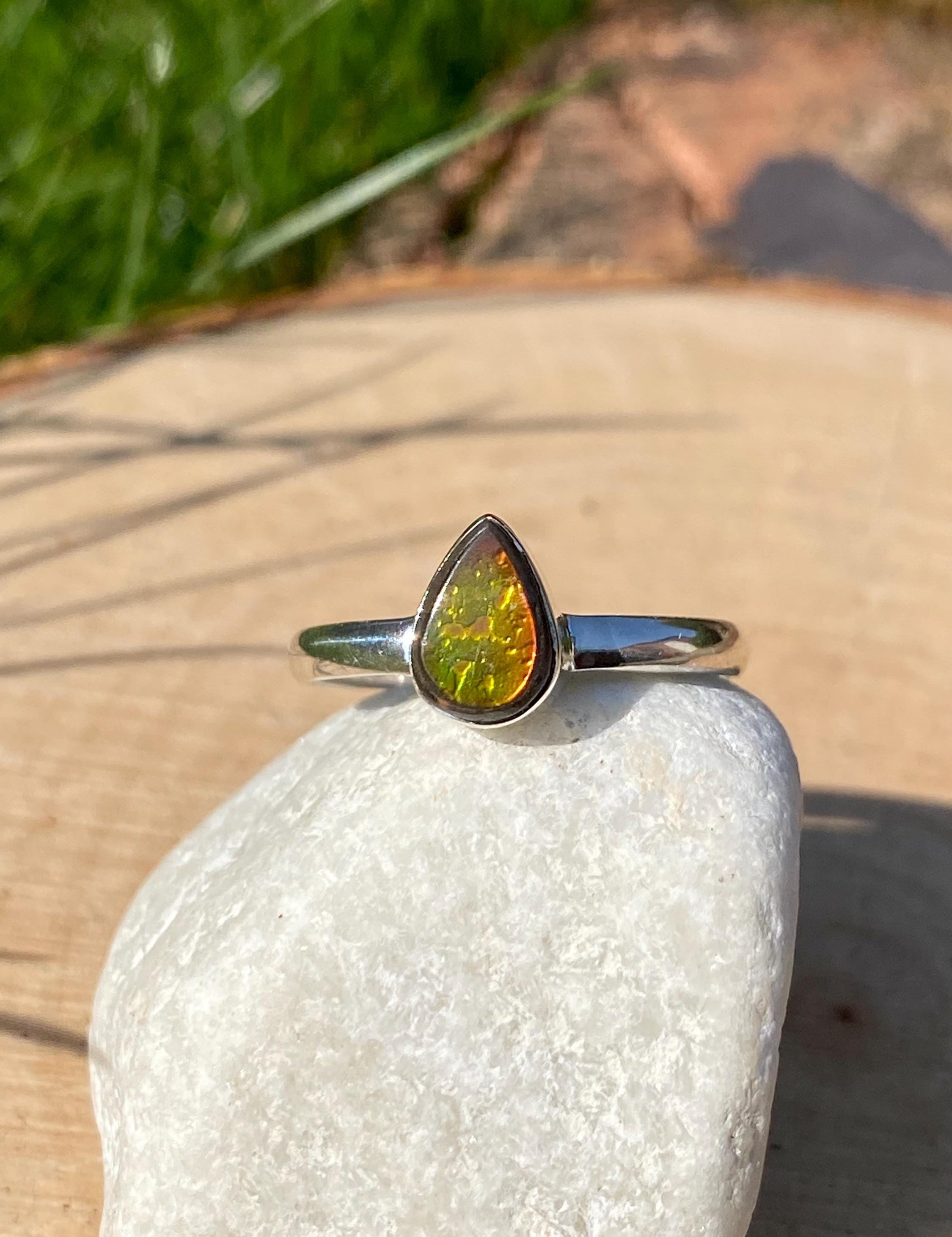 Pear-Cut Ammolite Sterling Silver Ring - Iridescent Bezel Setting