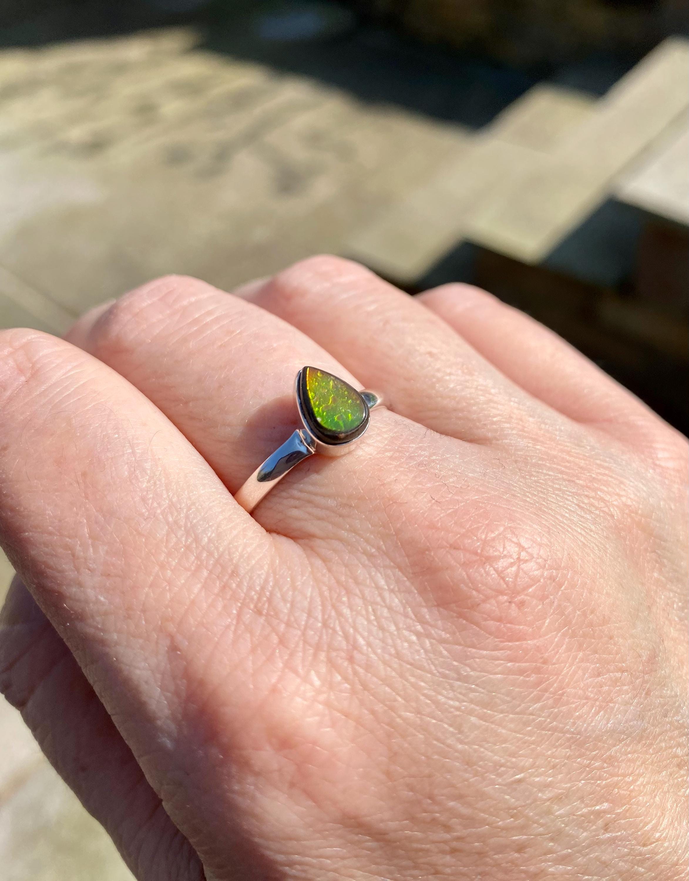 Pear-Cut Ammolite Sterling Silver Ring - Iridescent Bezel Setting