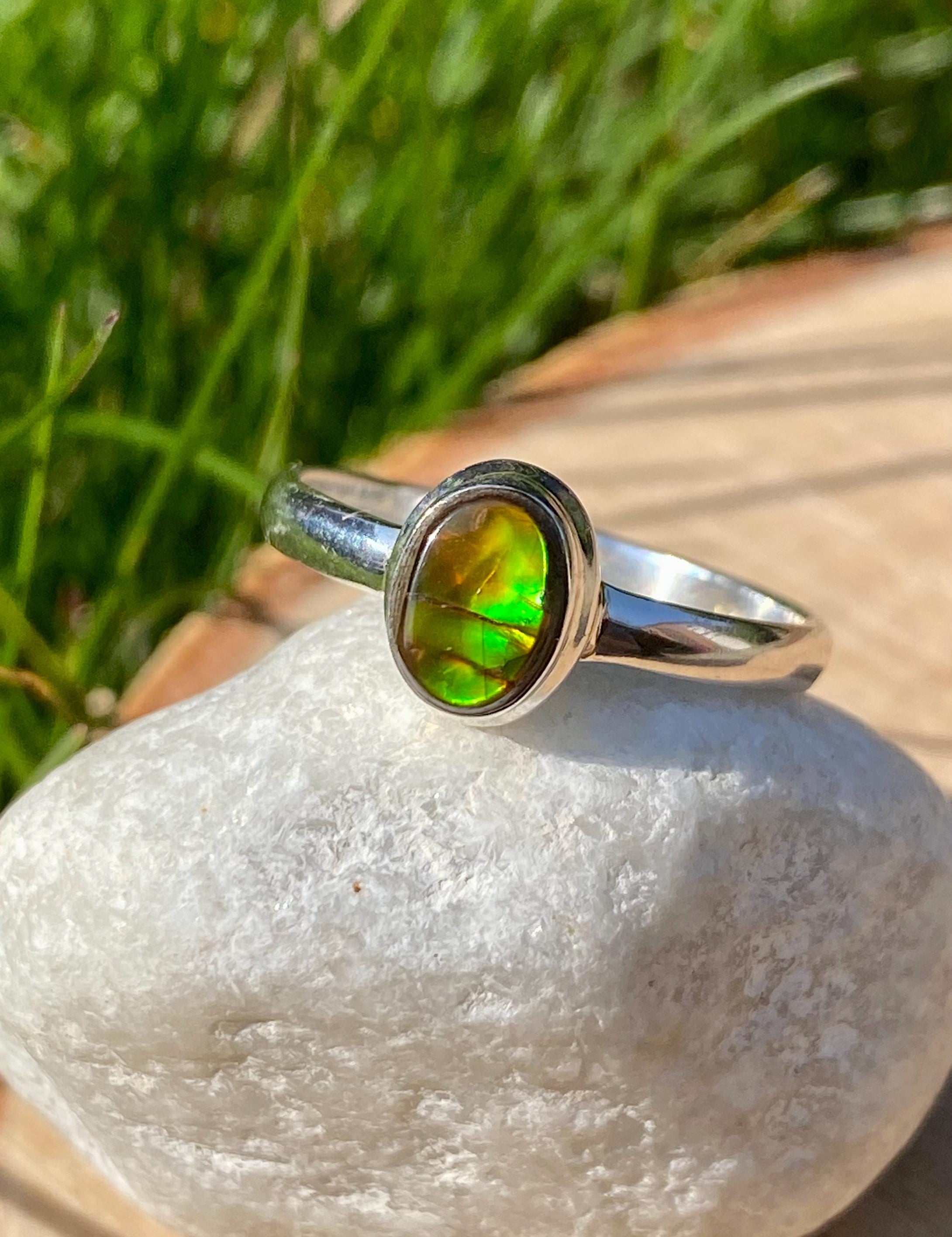 Iridescent Ammolite Sterling Silver Ring - US Size 9
