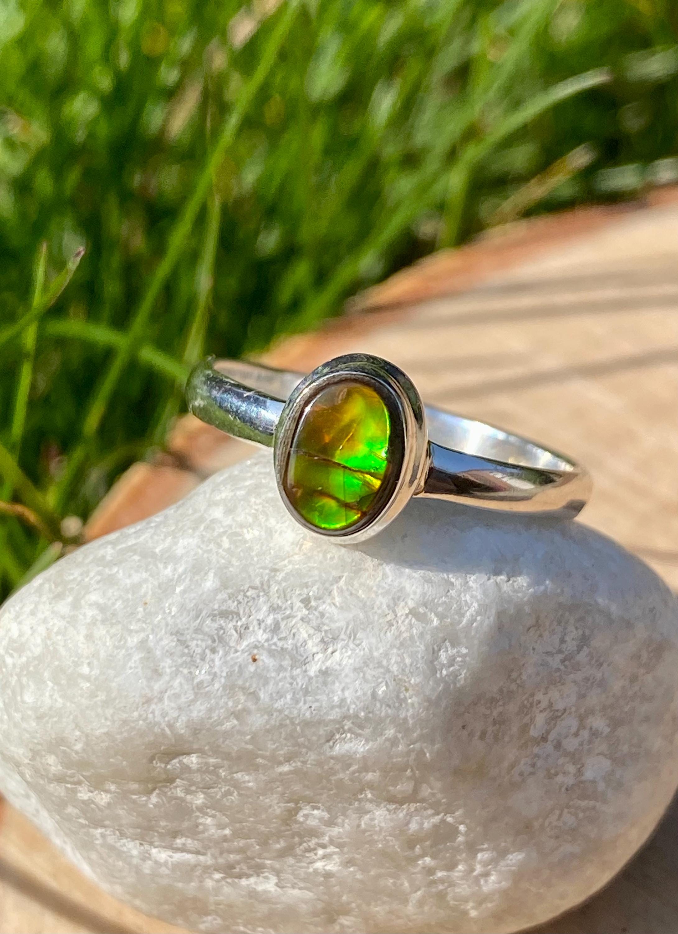 Iridescent Ammolite Sterling Silver Ring - US Size 9