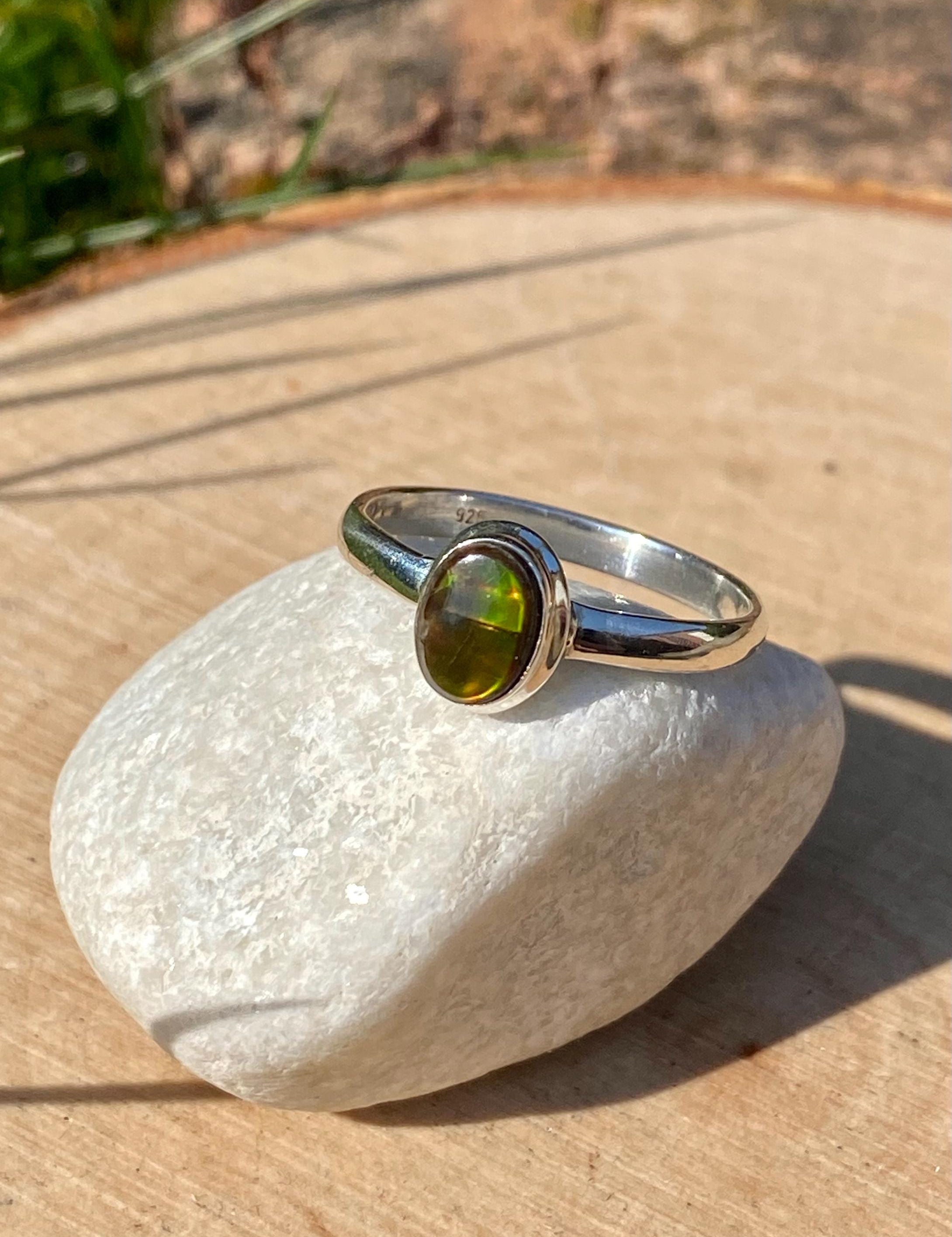 Iridescent Ammolite Sterling Silver Ring - US Size 9