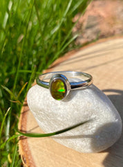 Iridescent Ammolite Sterling Silver Ring - US Size 9