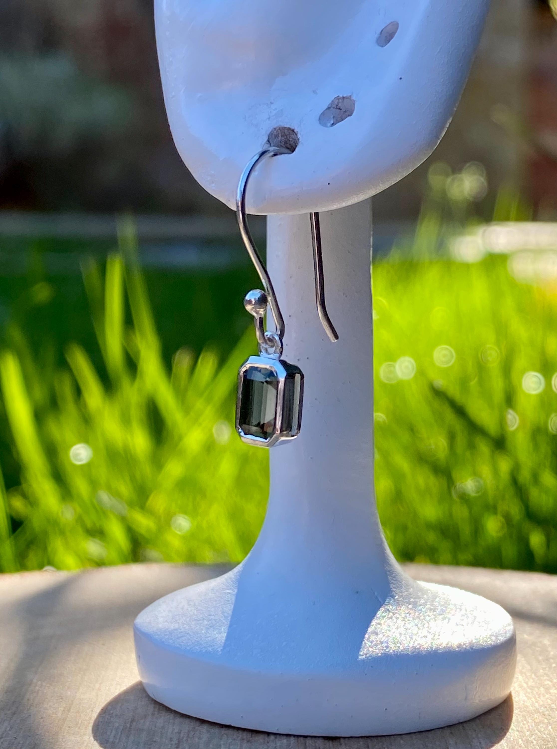 Genuine Moldavite Dangle Earrings, Sterling Silver Emerald - Cut 7mm x 5mm, Handmade UK gift