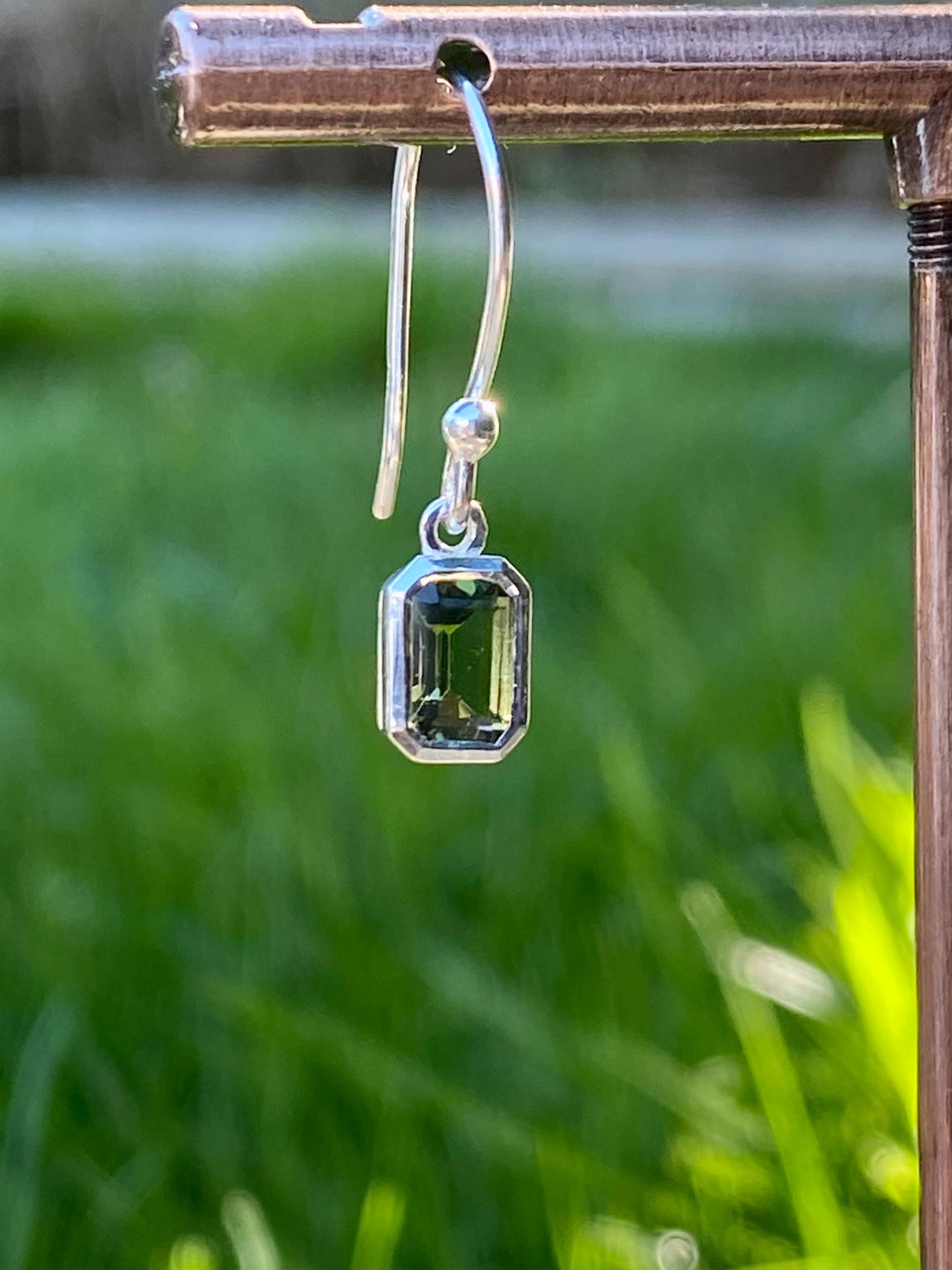 Genuine Moldavite Dangle Earrings, Sterling Silver Emerald - Cut 7mm x 5mm, Handmade UK gift