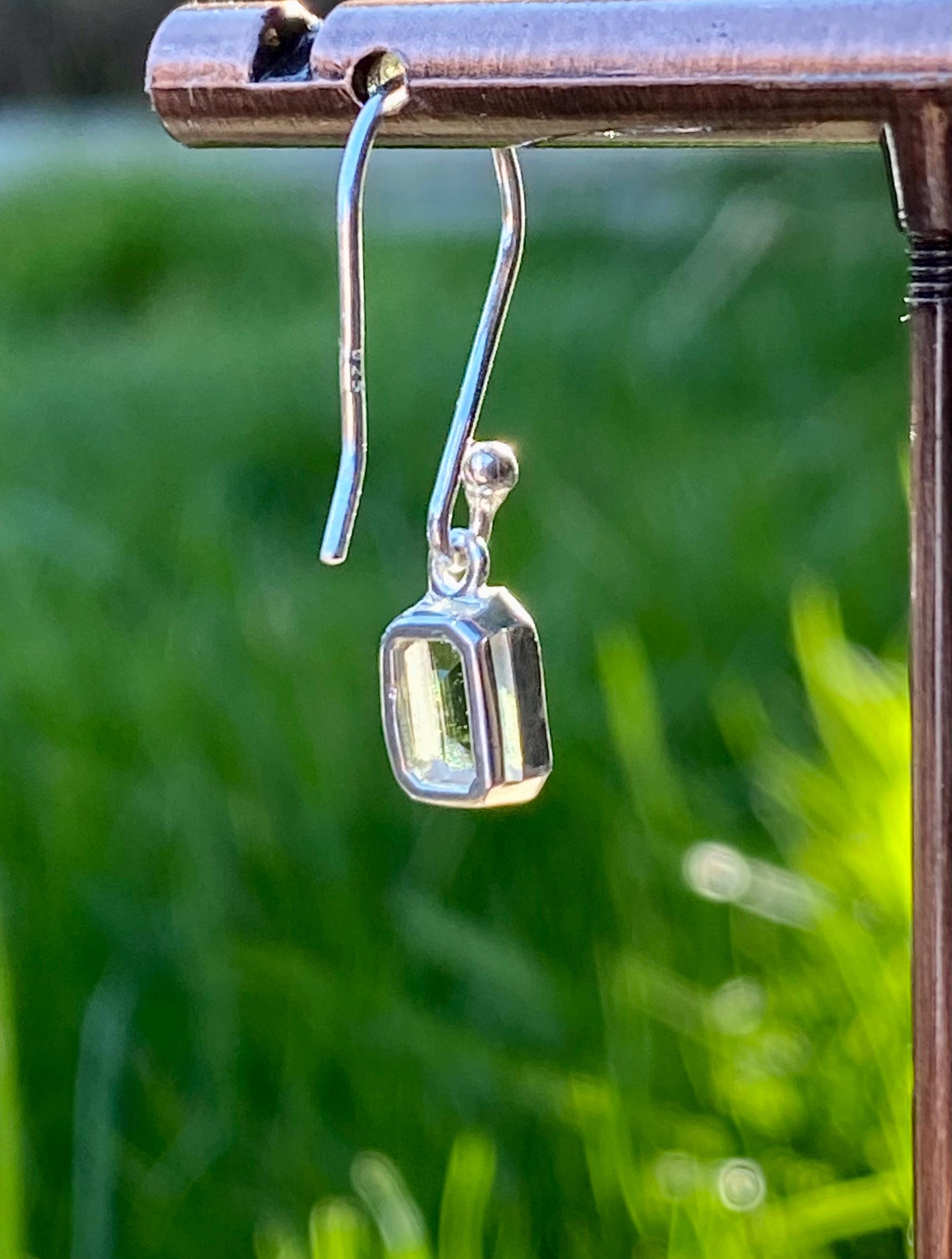 Genuine Moldavite Dangle Earrings, Sterling Silver Emerald - Cut 7mm x 5mm, Handmade UK gift